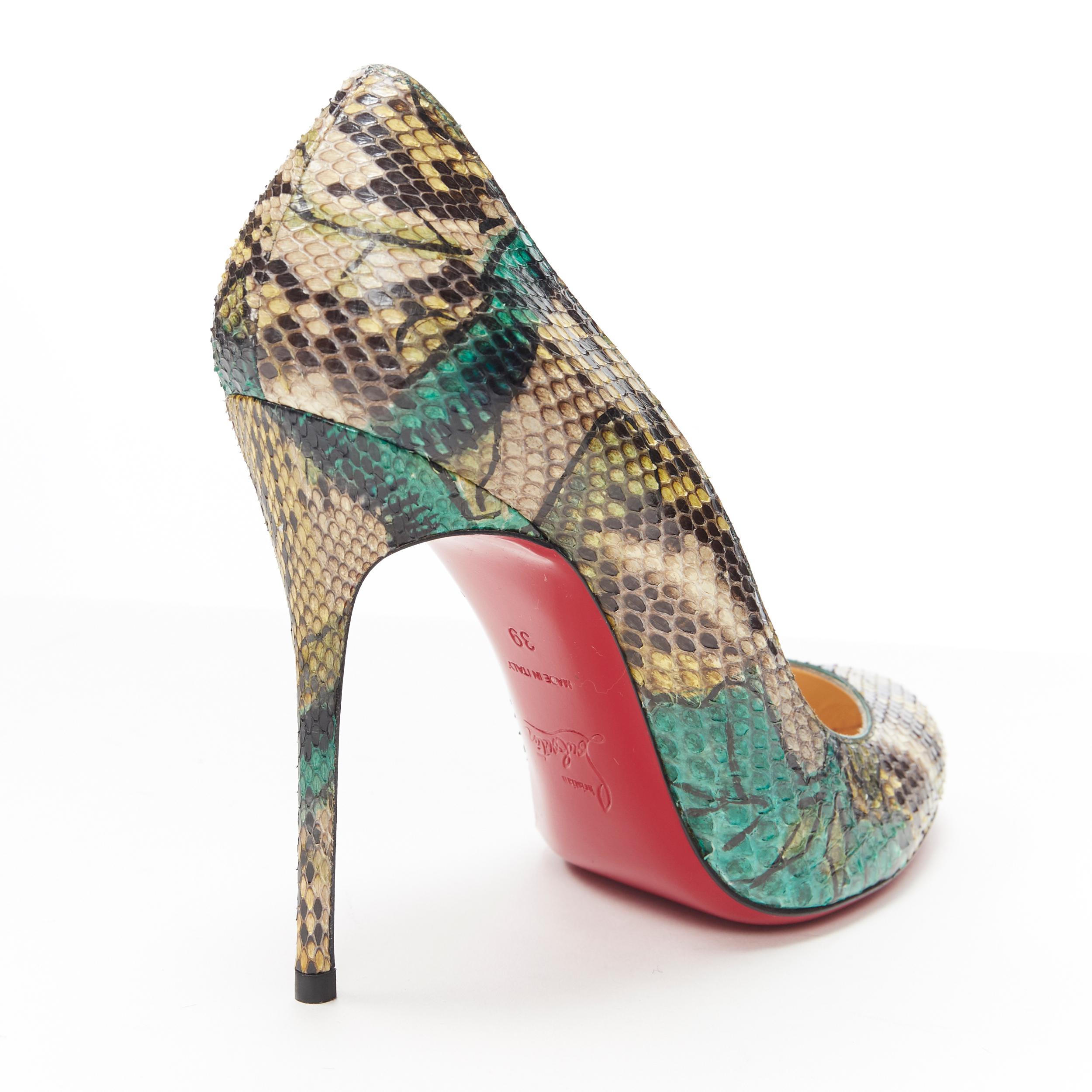 new CHRISTIAN LOUBOUTIN green leaf print scaled leather almond toe pump EU39 1