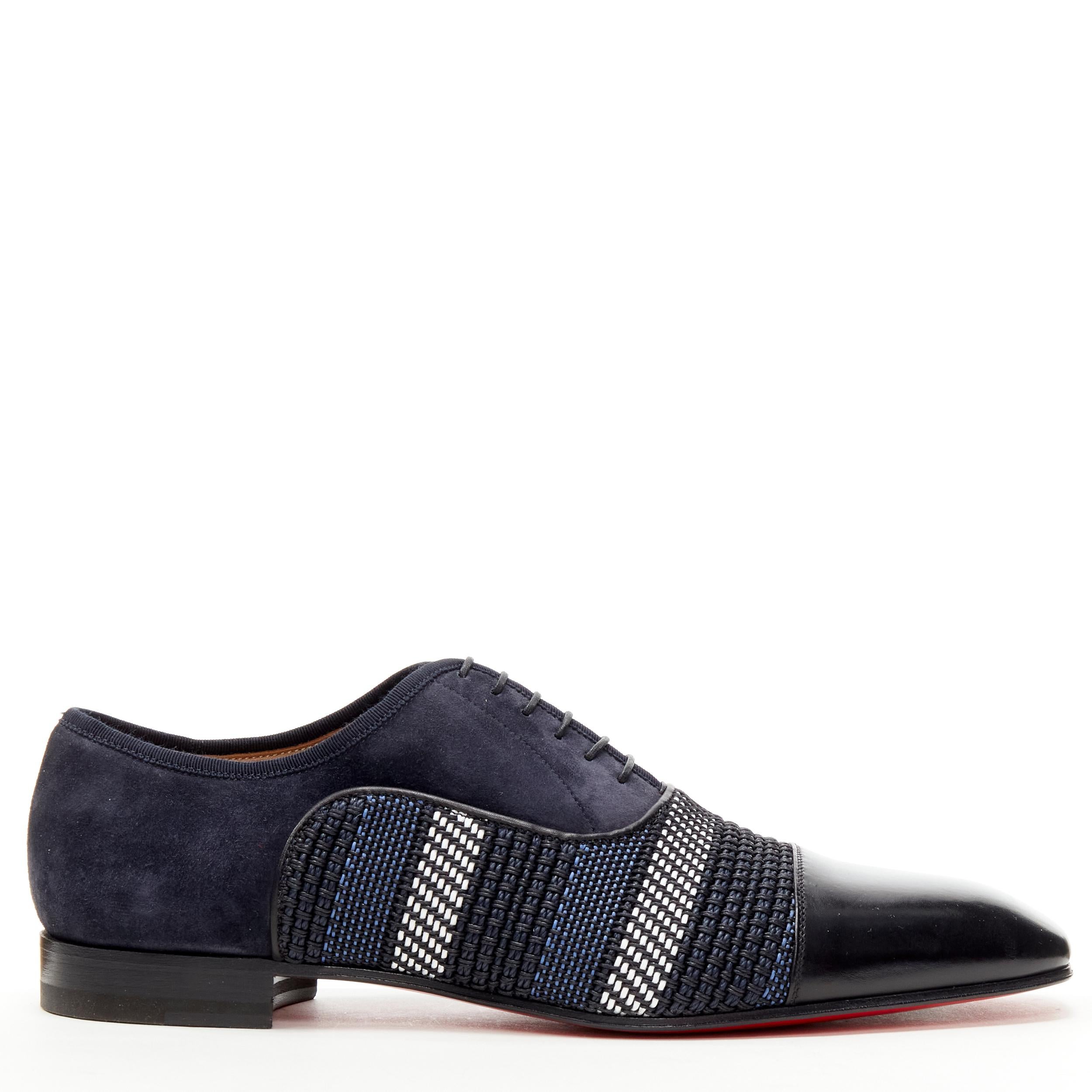 new CHRISTIAN LOUBOUTIN Greggo Flat navy suede stripe woven raffia oxford EU42.5 
Reference: TGAS/C01133 
Brand: Christian Louboutin 
Designer: Christian Louboutin 
Model: Greggo Flat 
Material: Suede 
Color: Navy 
Pattern: Solid 
Closure: Lace UP