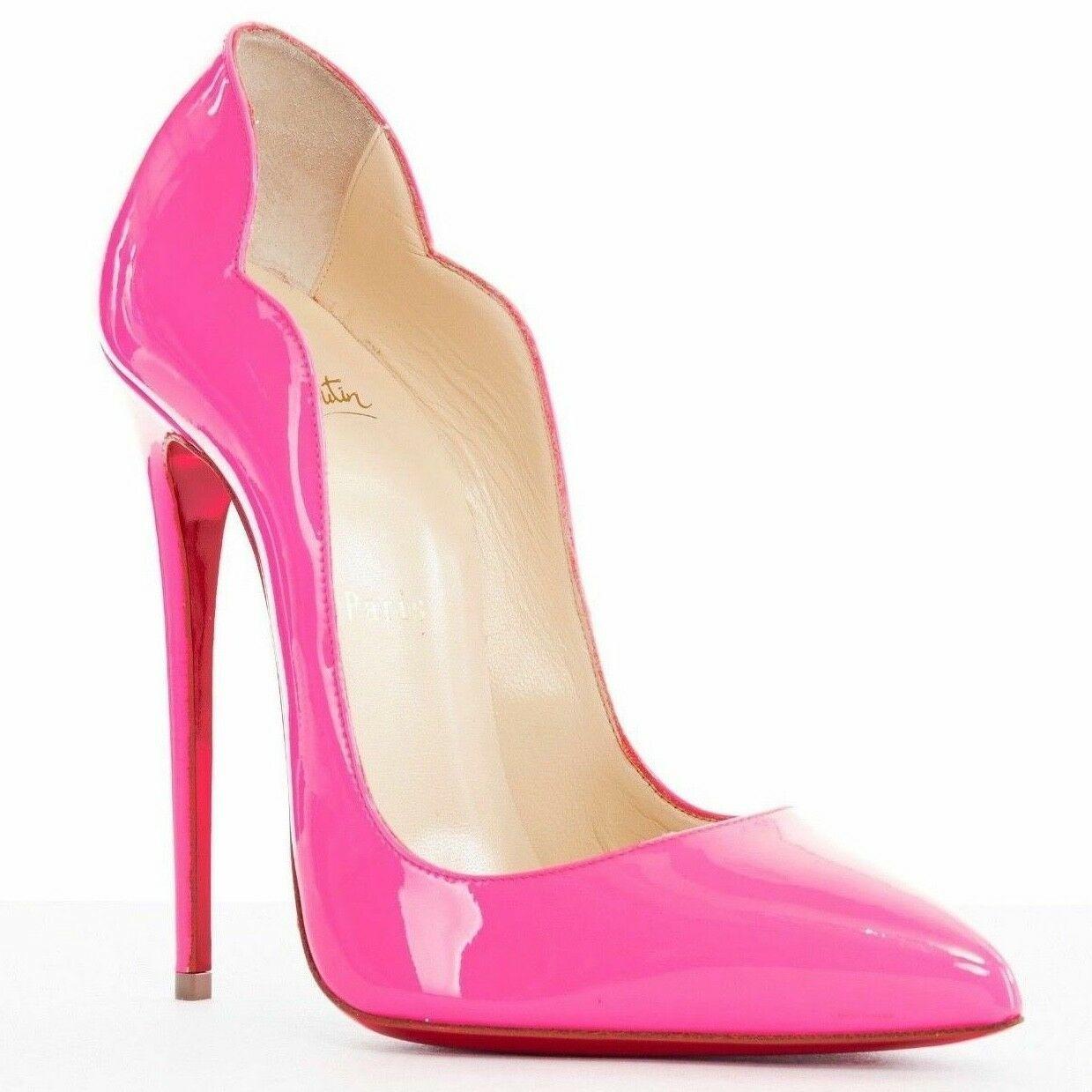 new CHRISTIAN LOUBOUTIN Hot Chick 130 neon pink patent pigalle pumps heel EU37
CHRISTIAN LOUBOUTIN
Hot Chick 130. Neon fluorescent pink. 
Shiney patent leather. Curved edges cut. Pointed toe. Stiletto heels. 
Signatured lacquered red leather sole.