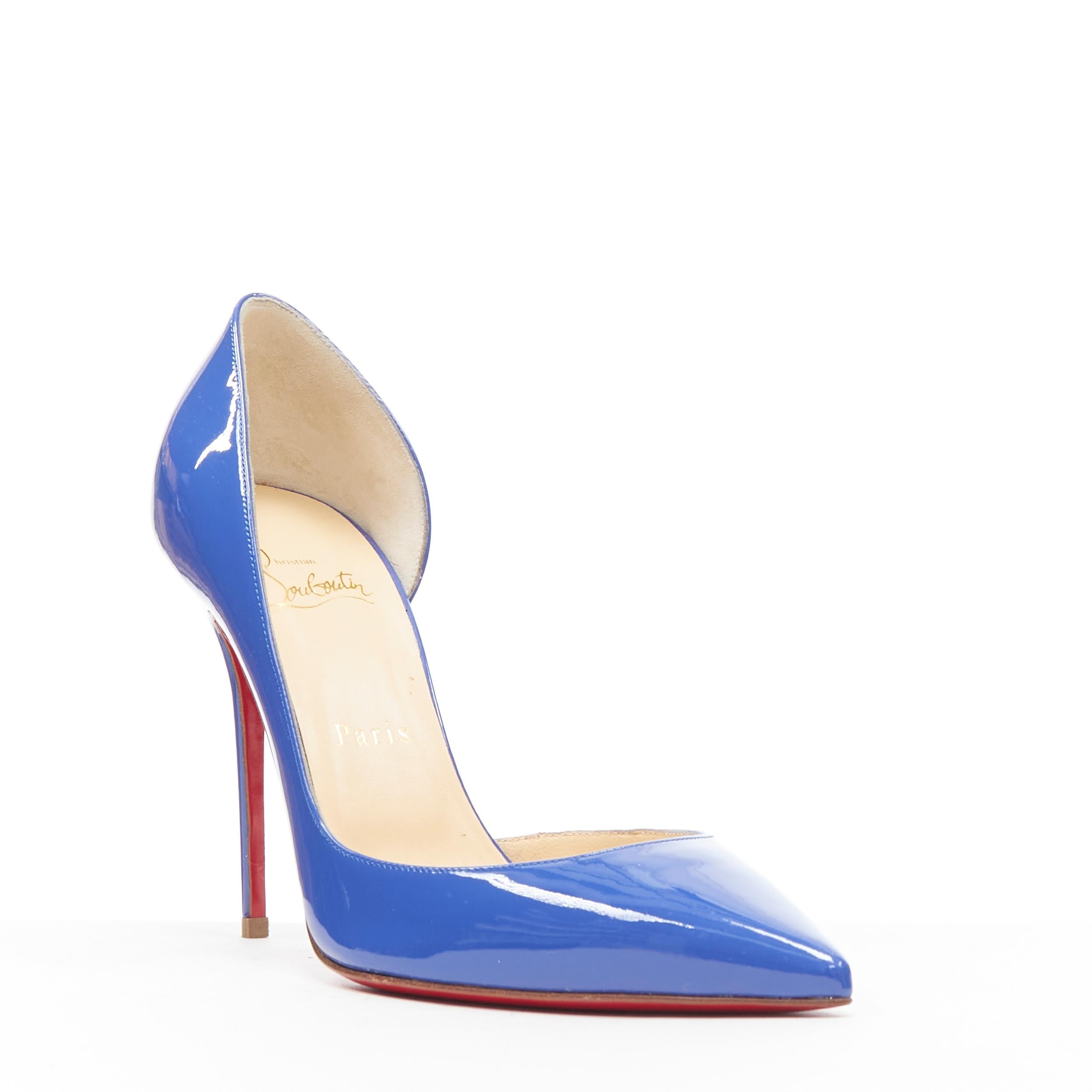 new CHRISTIAN LOUBOUTIN Iriza 110 blue patent half dorsay pointy pump EU39 
Reference: TGAS/B00145 
Brand: Christian Louboutin 
Designer: Christian Louboutin 
Model: Iriza 110 
Material: Patent leather 
Color: Blue 
Pattern: Solid Extra 
Detail:
