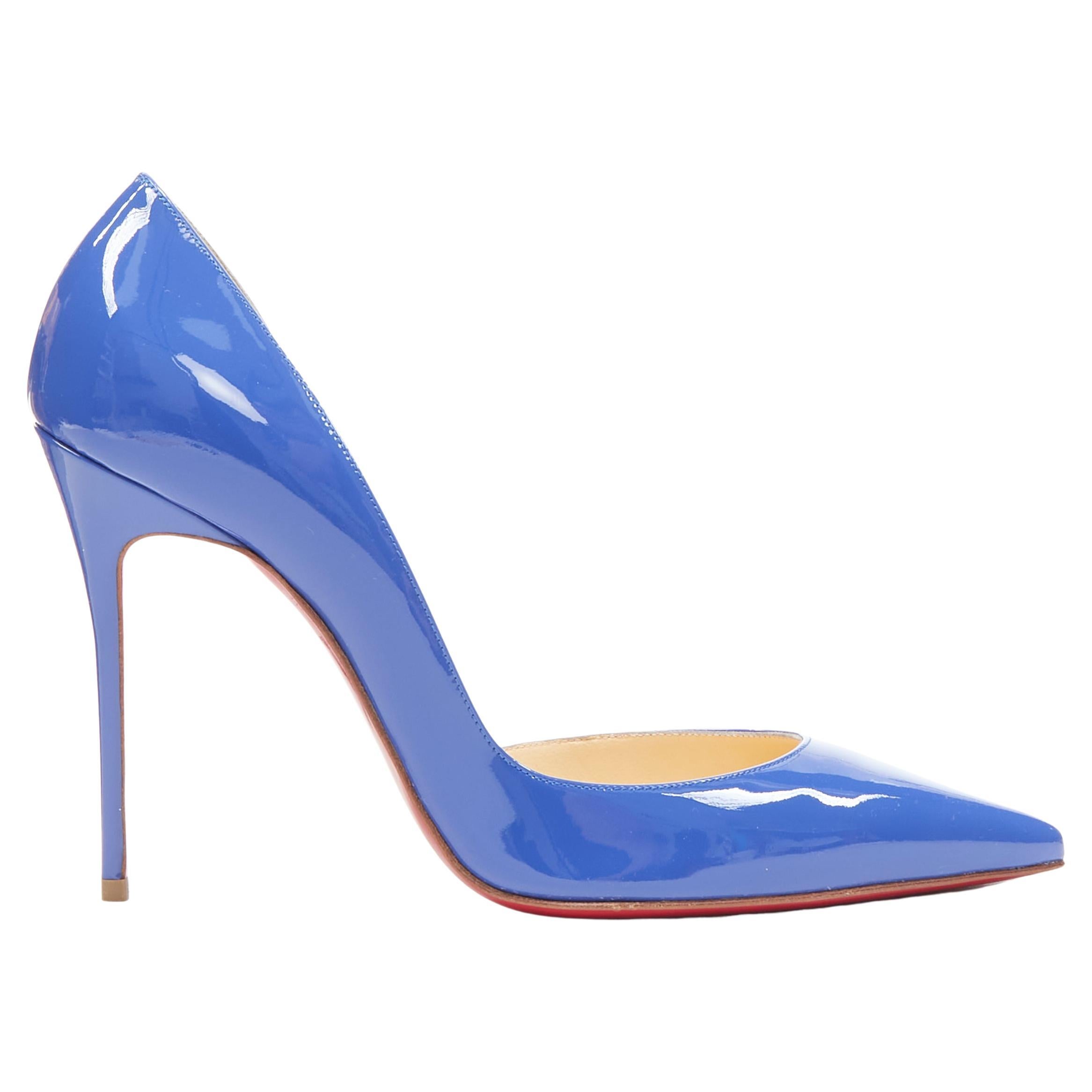 new CHRISTIAN LOUBOUTIN Iriza 110 blue patent half dorsay pointy pump EU39