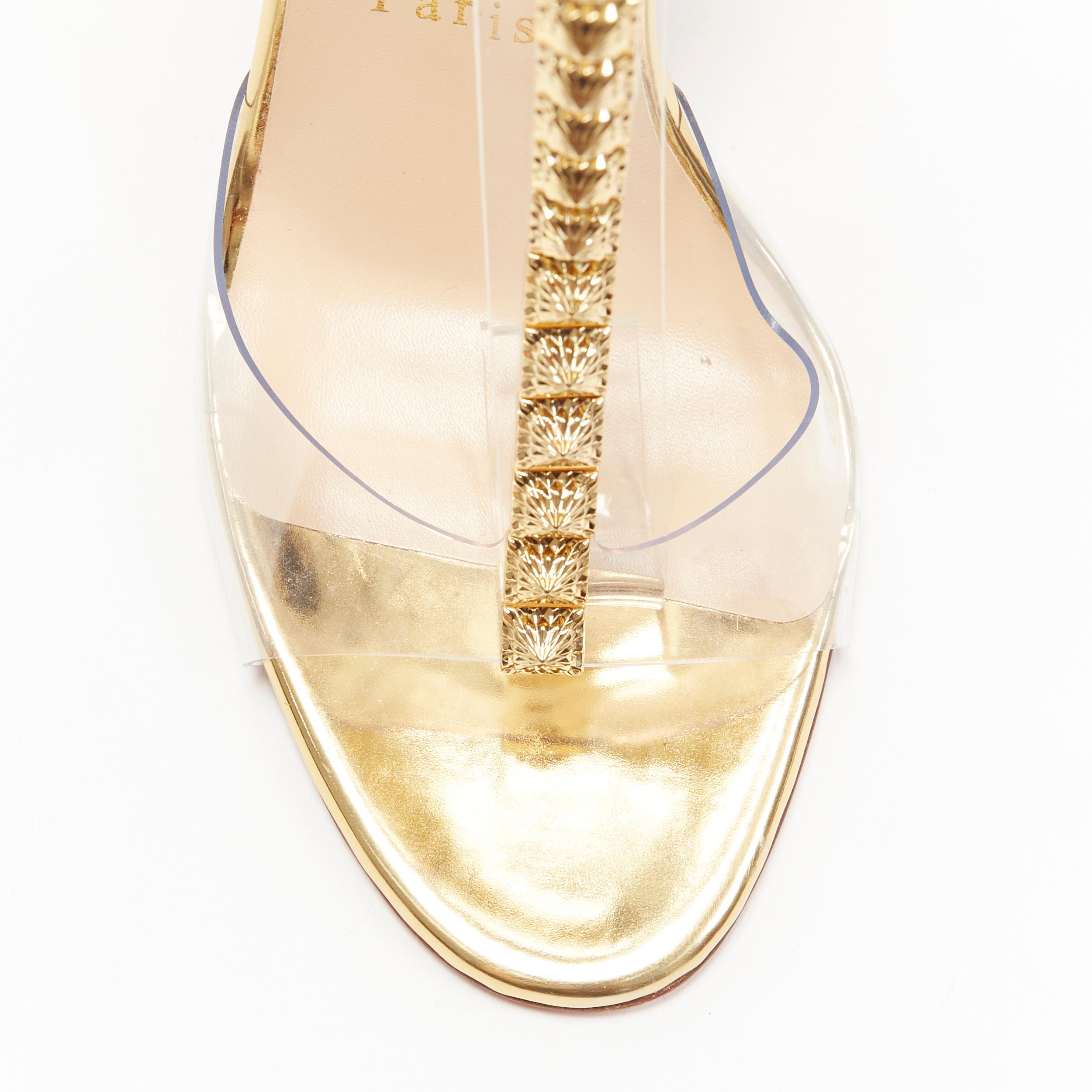 new CHRISTIAN LOUBOUTIN Jamais Assez 100 gold studded PVC T-strap sandals EU38 In New Condition In Hong Kong, NT
