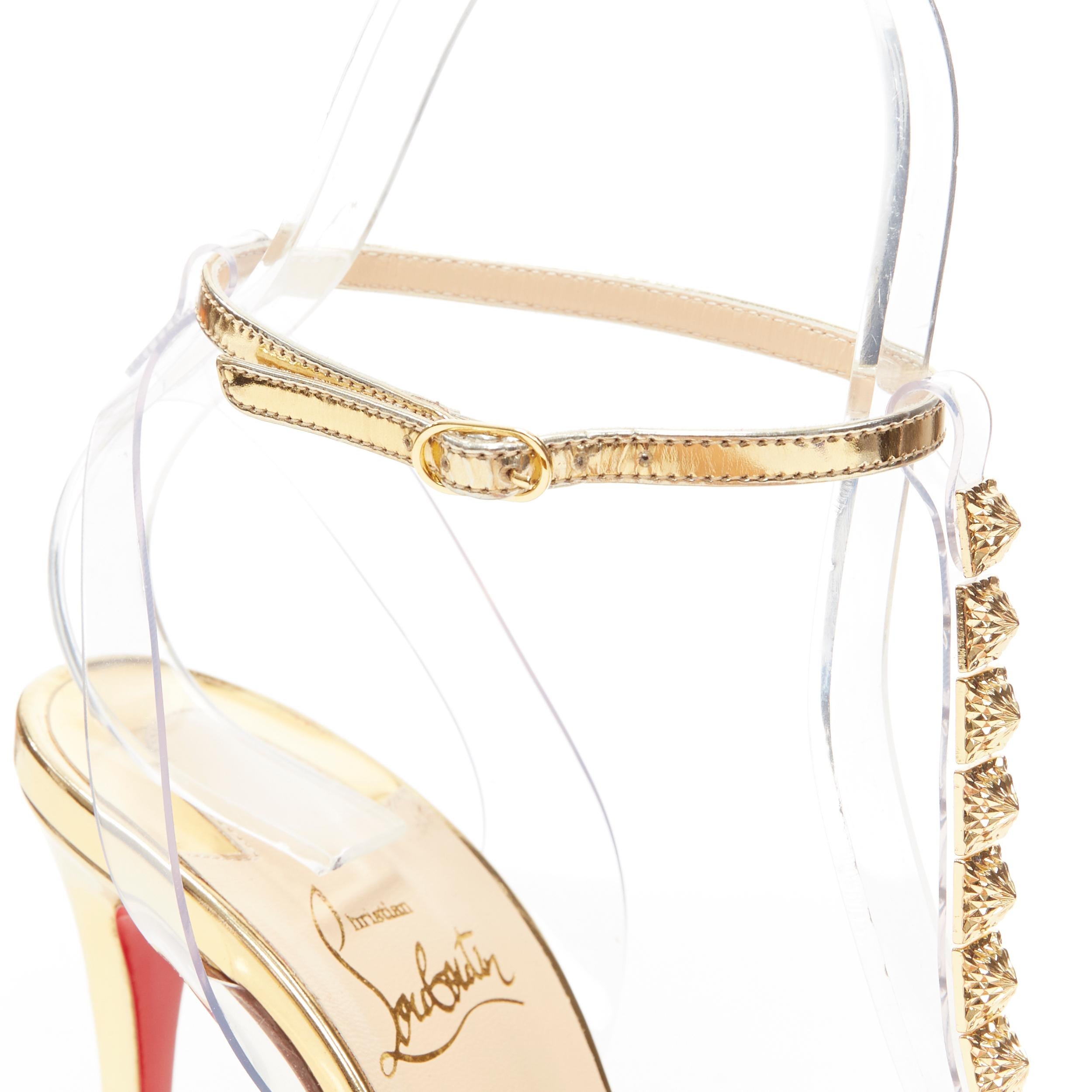 Women's new CHRISTIAN LOUBOUTIN Jamais Assez 100 gold studded PVC T-strap sandals EU38