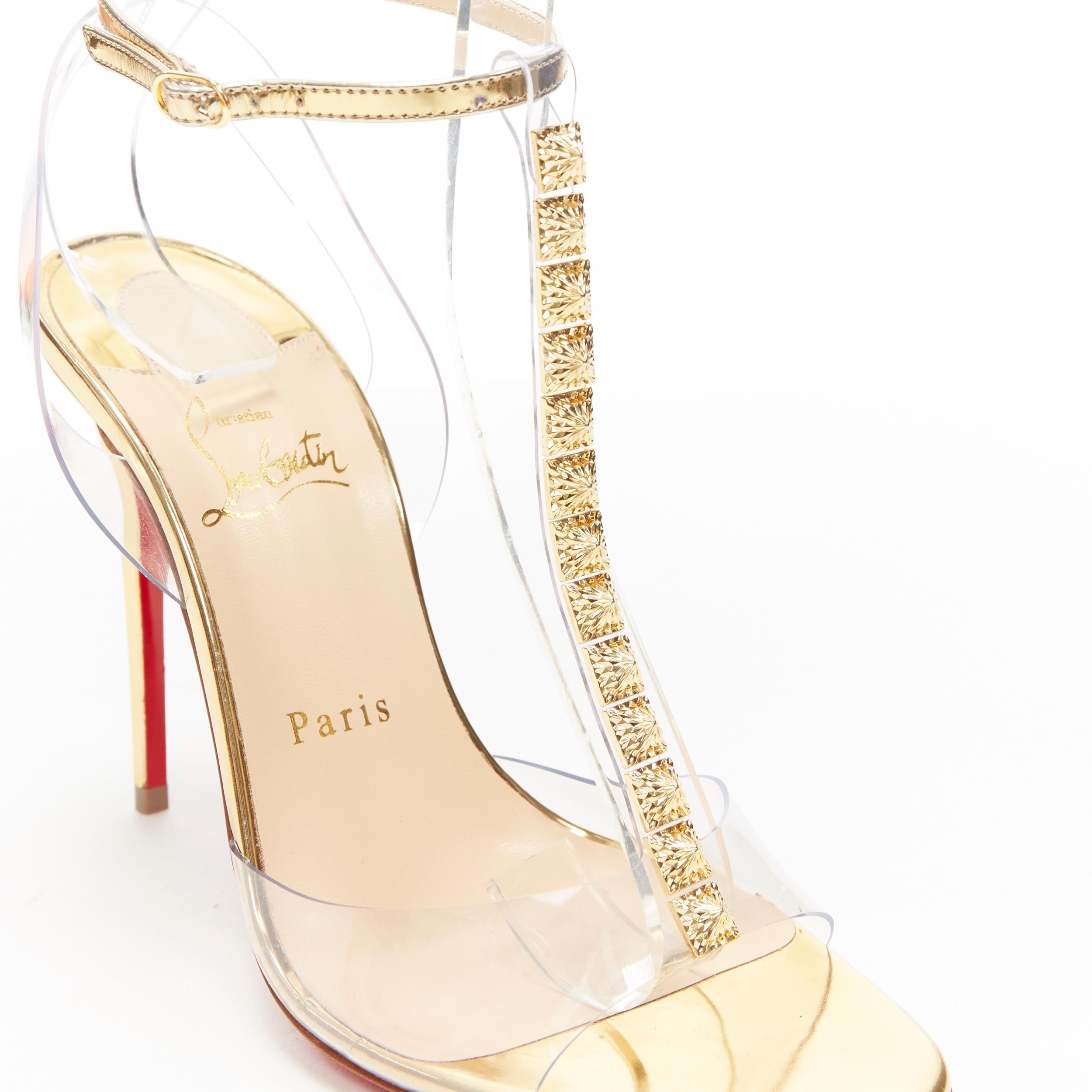 new CHRISTIAN LOUBOUTIN Jamais Assez 100 gold studded PVC T-strap sandals EU38 1