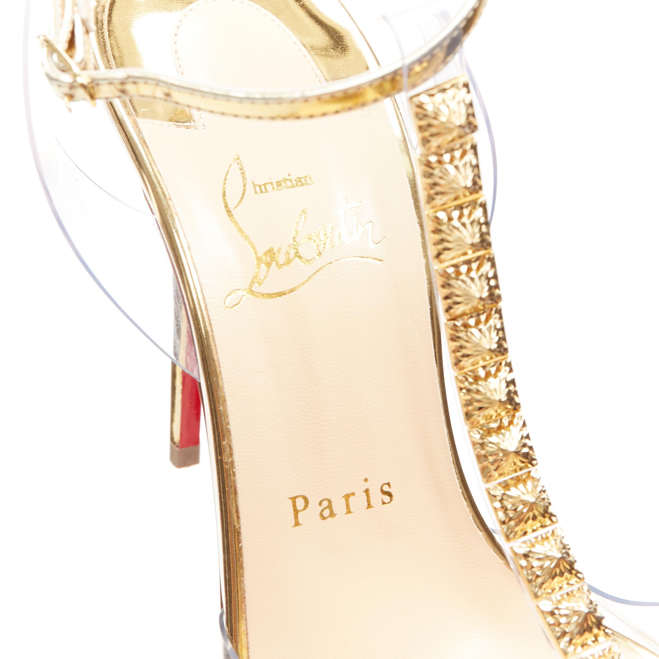 new CHRISTIAN LOUBOUTIN Jamais Assez 100 gold studded T-strap PVC heels EU38 2