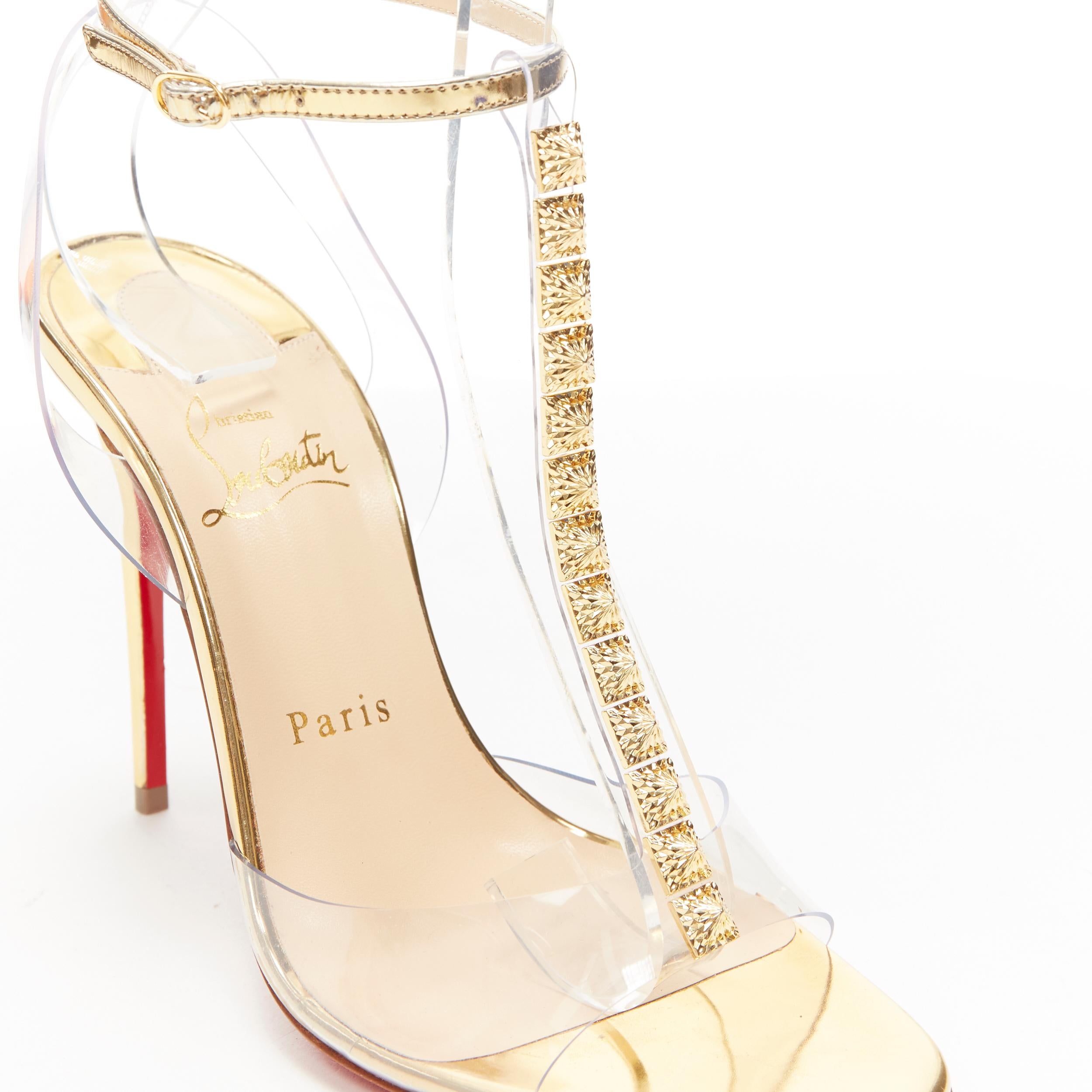 Women's new CHRISTIAN LOUBOUTIN Jamais Assez 100 gold studded T-strap PVC heels EU38