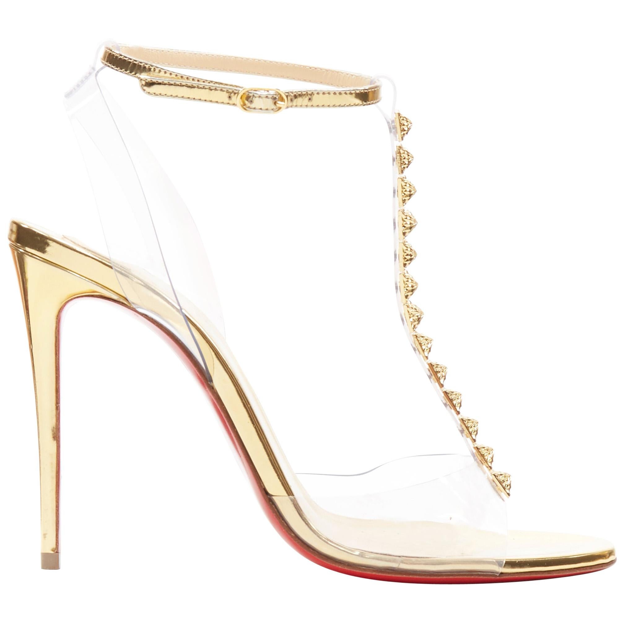 new CHRISTIAN LOUBOUTIN Jamais Assez 100 gold studded T-strap PVC heels EU38