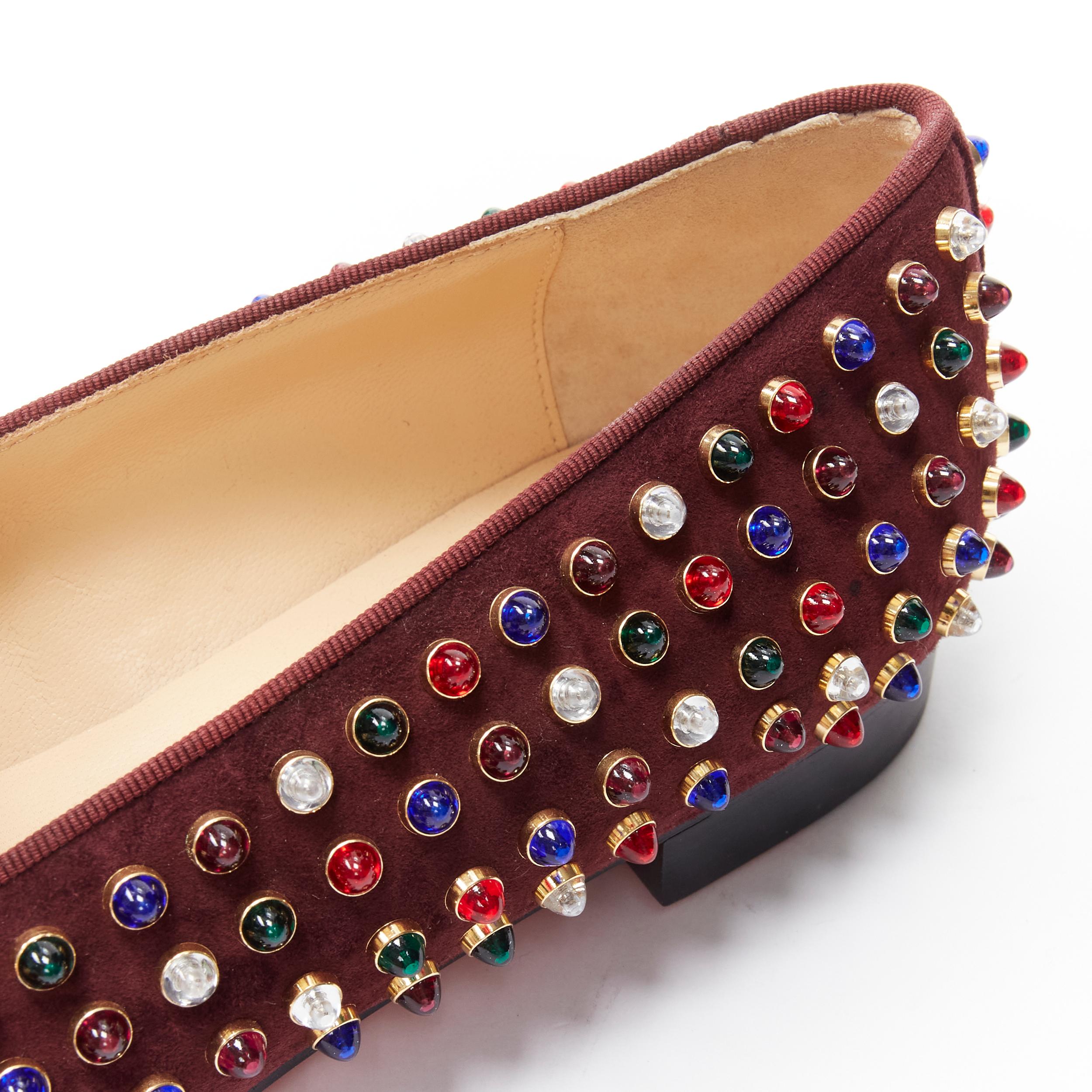 new CHRISTIAN LOUBOUTIN Jewel tone Gripoix stud burgundy red suede loafer EU39.5 In New Condition For Sale In Hong Kong, NT