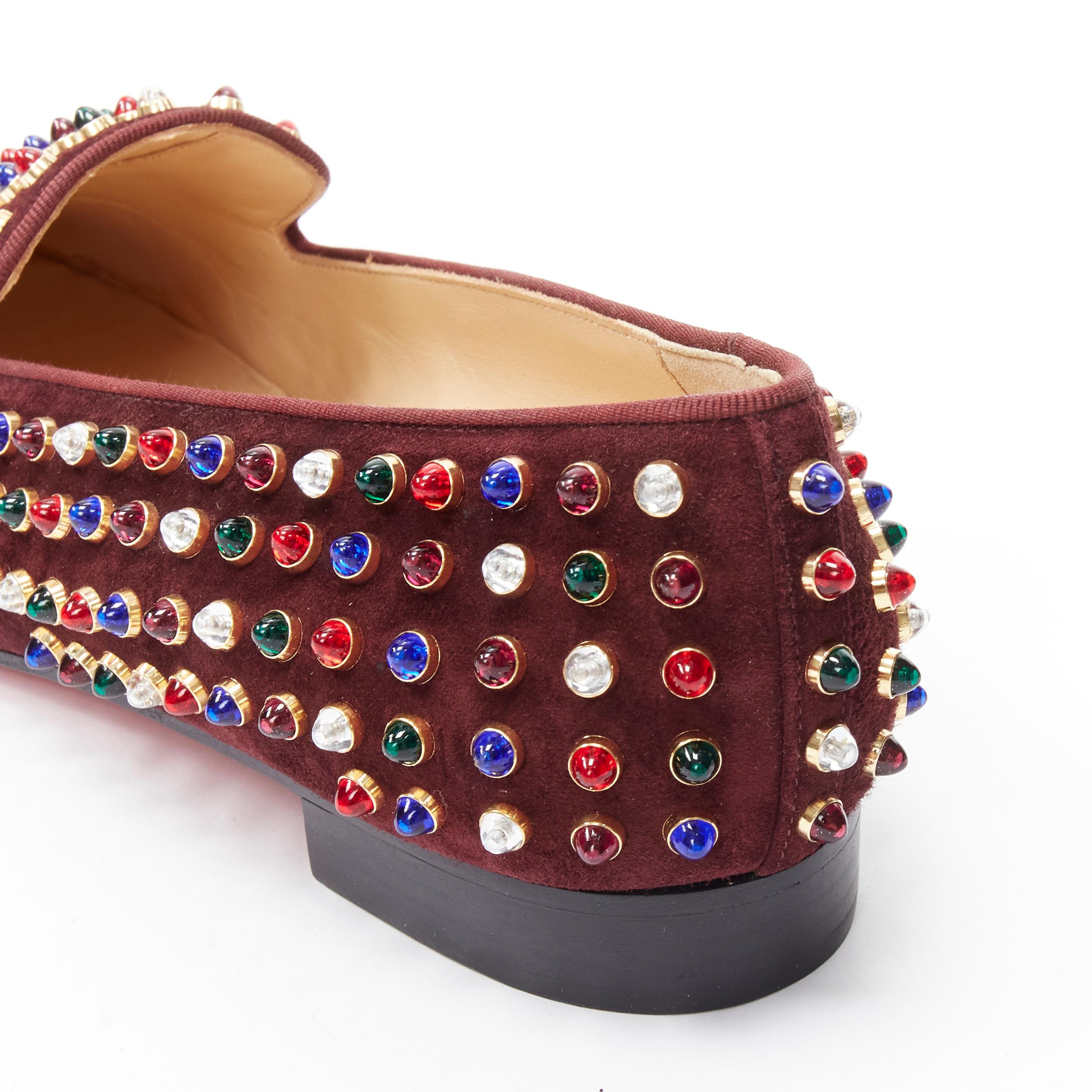 Women's new CHRISTIAN LOUBOUTIN Jewel tone Gripoix stud burgundy red suede loafer EU39.5 For Sale