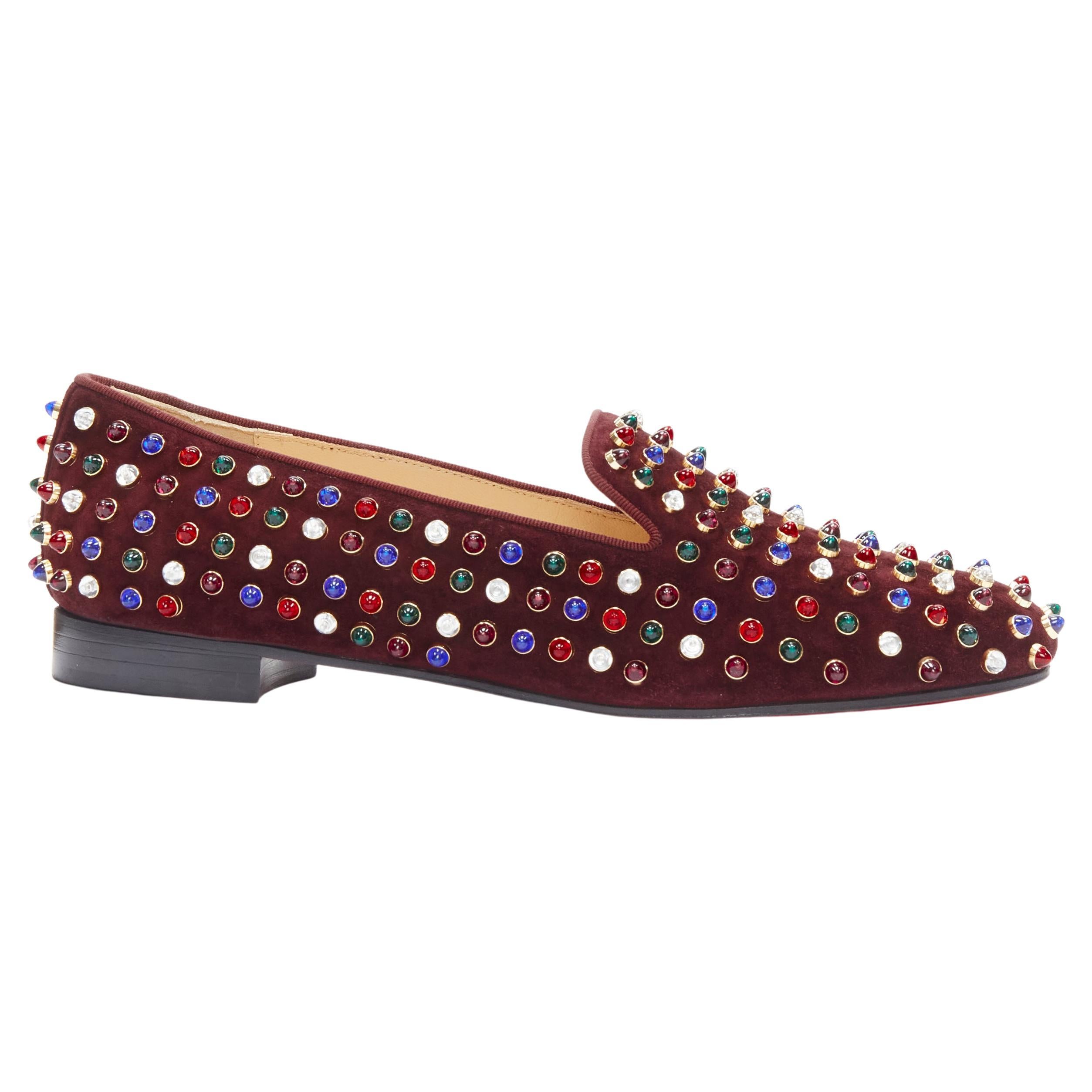 new CHRISTIAN LOUBOUTIN Jewel tone Gripoix stud burgundy red suede loafer EU39.5 For Sale