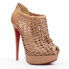 new CHRISTIAN LOUBOUTIN Kasha 150 brown lattice studded platform bootie EU37.5