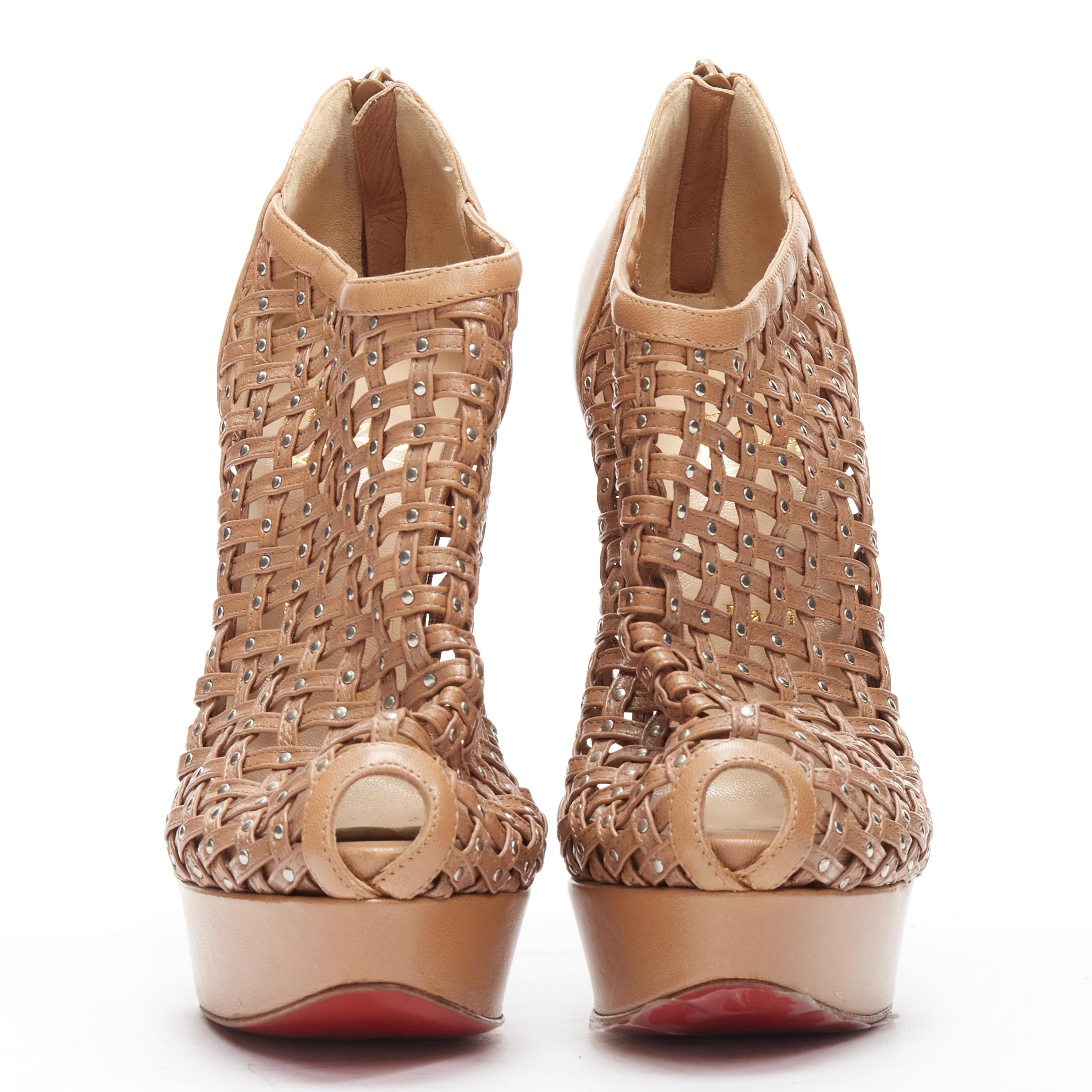 new CHRISTIAN LOUBOUTIN Kasha 150 brown lattice studded platform bootie EU37.5 In Excellent Condition In Hong Kong, NT