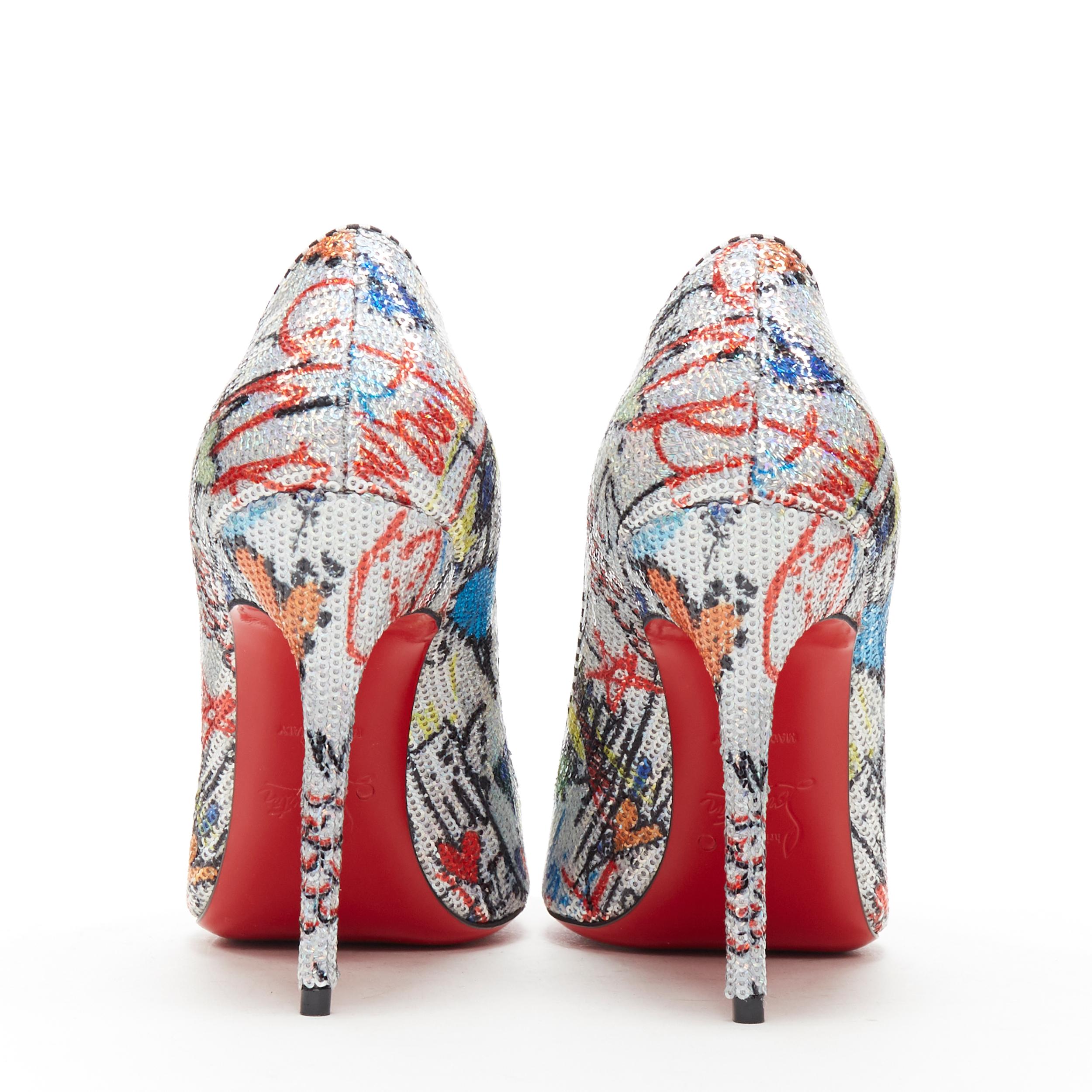 new CHRISTIAN LOUBOUTIN Kate 100 Paillette Lou silver illustration pump EU38 In New Condition In Hong Kong, NT