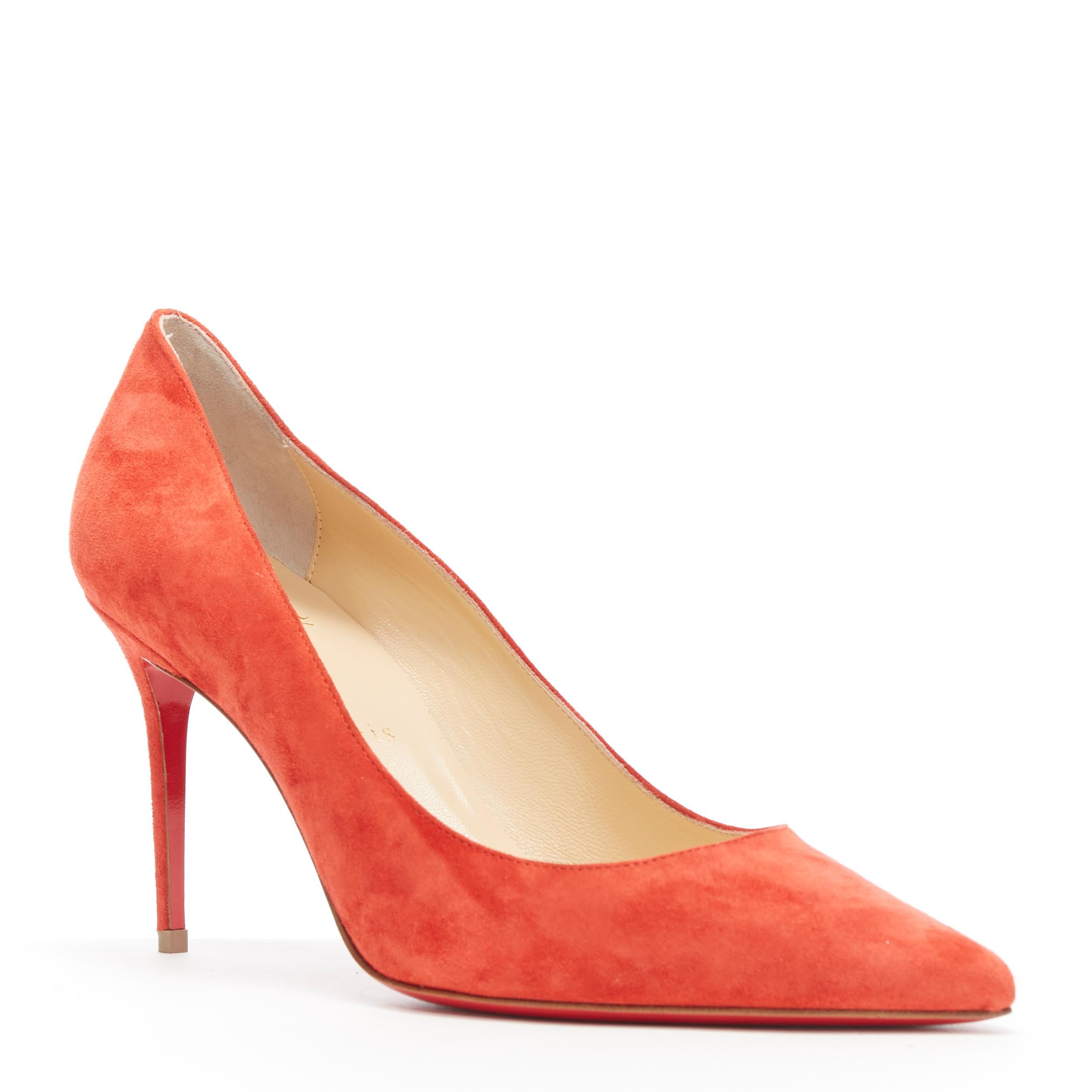 new CHRISTIAN LOUBOUTIN Kate 85  red suede point toe pigalle pump EU38
Brand: Christian Louboutin
Designer: Christian Louboutin
Model Name / Style: Kate 85
Material: Suede
Color: Red
Pattern: Solid
Closure: Slip on
Lining material: Leather
Extra