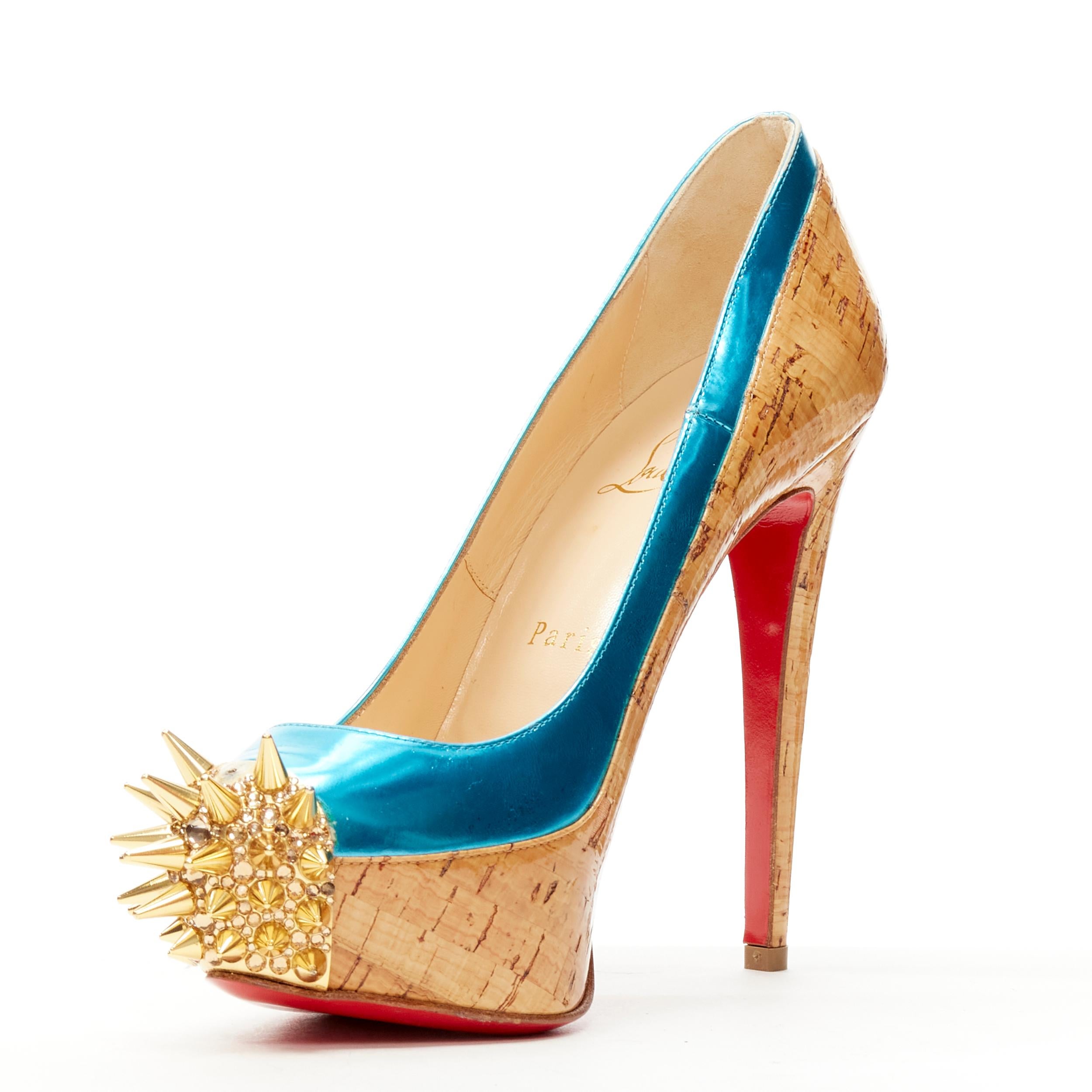 new CHRISTIAN LOUBOUTIN lacquered brown cork blue strass spike platform EU36.5 In New Condition For Sale In Hong Kong, NT