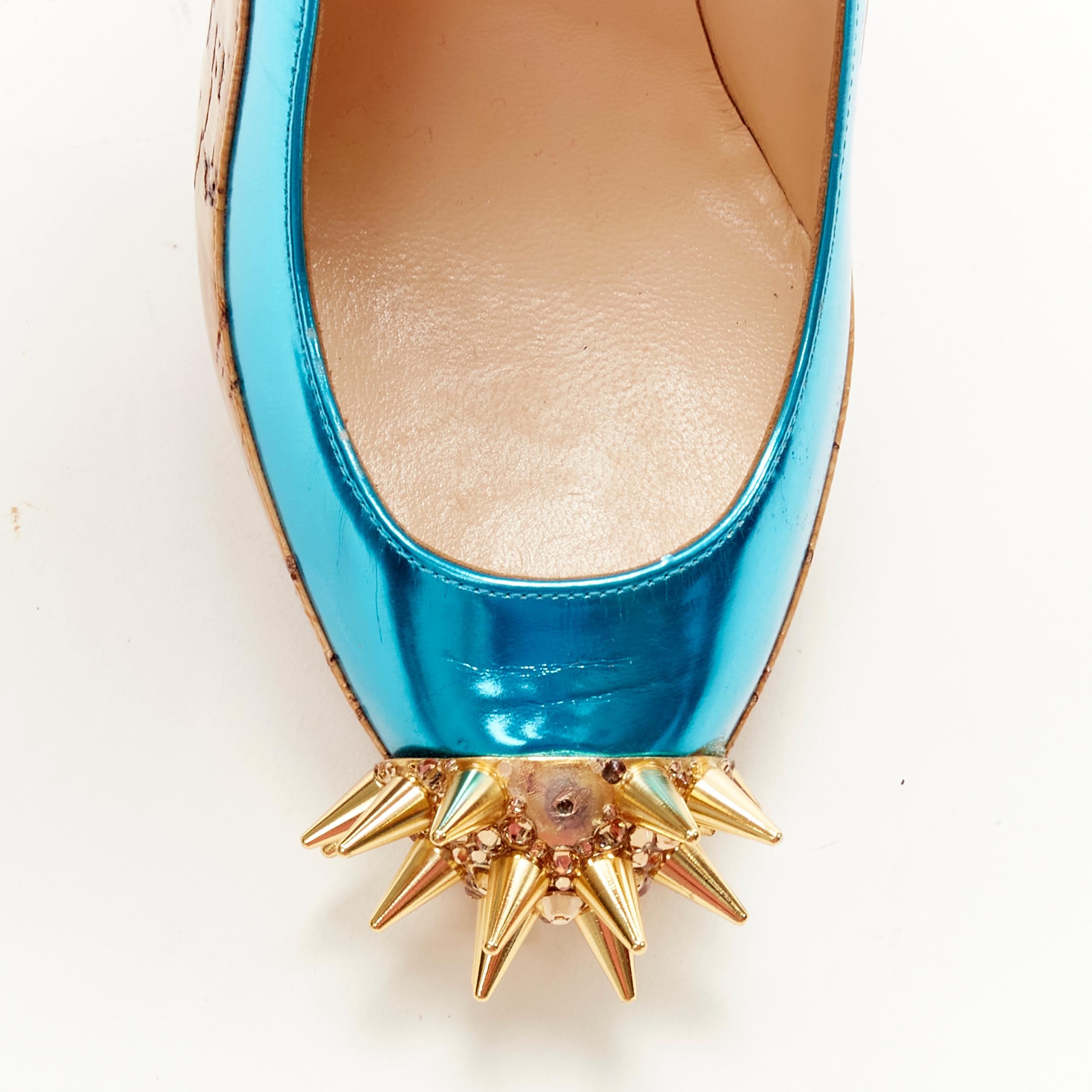 new CHRISTIAN LOUBOUTIN lacquered brown cork blue strass spike platform EU36.5 For Sale 1
