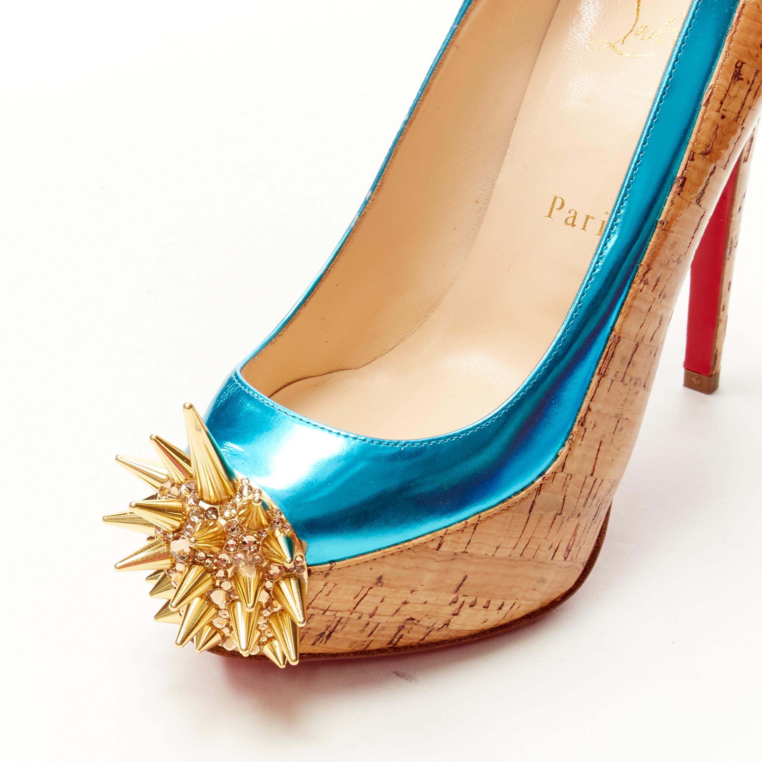 new CHRISTIAN LOUBOUTIN lacquered brown cork blue strass spike platform EU36.5 For Sale 2