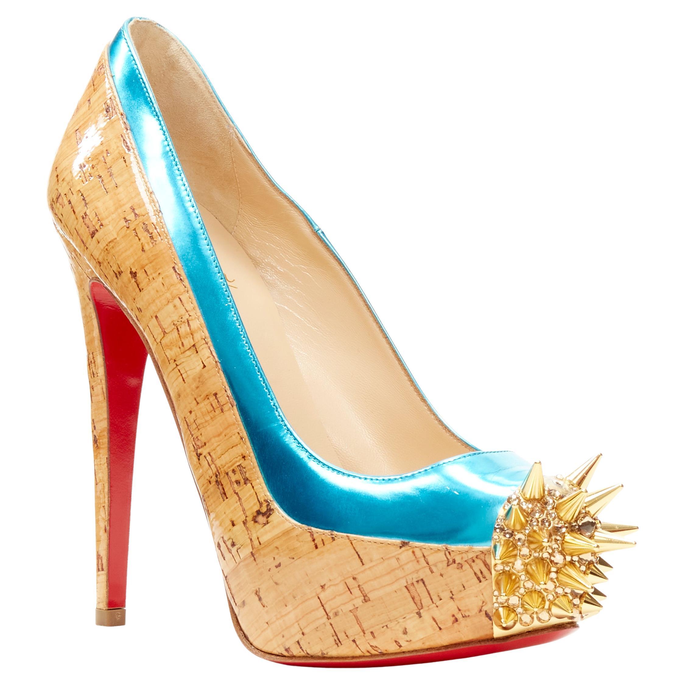 new CHRISTIAN LOUBOUTIN lacquered brown cork blue strass spike platform EU36.5 For Sale