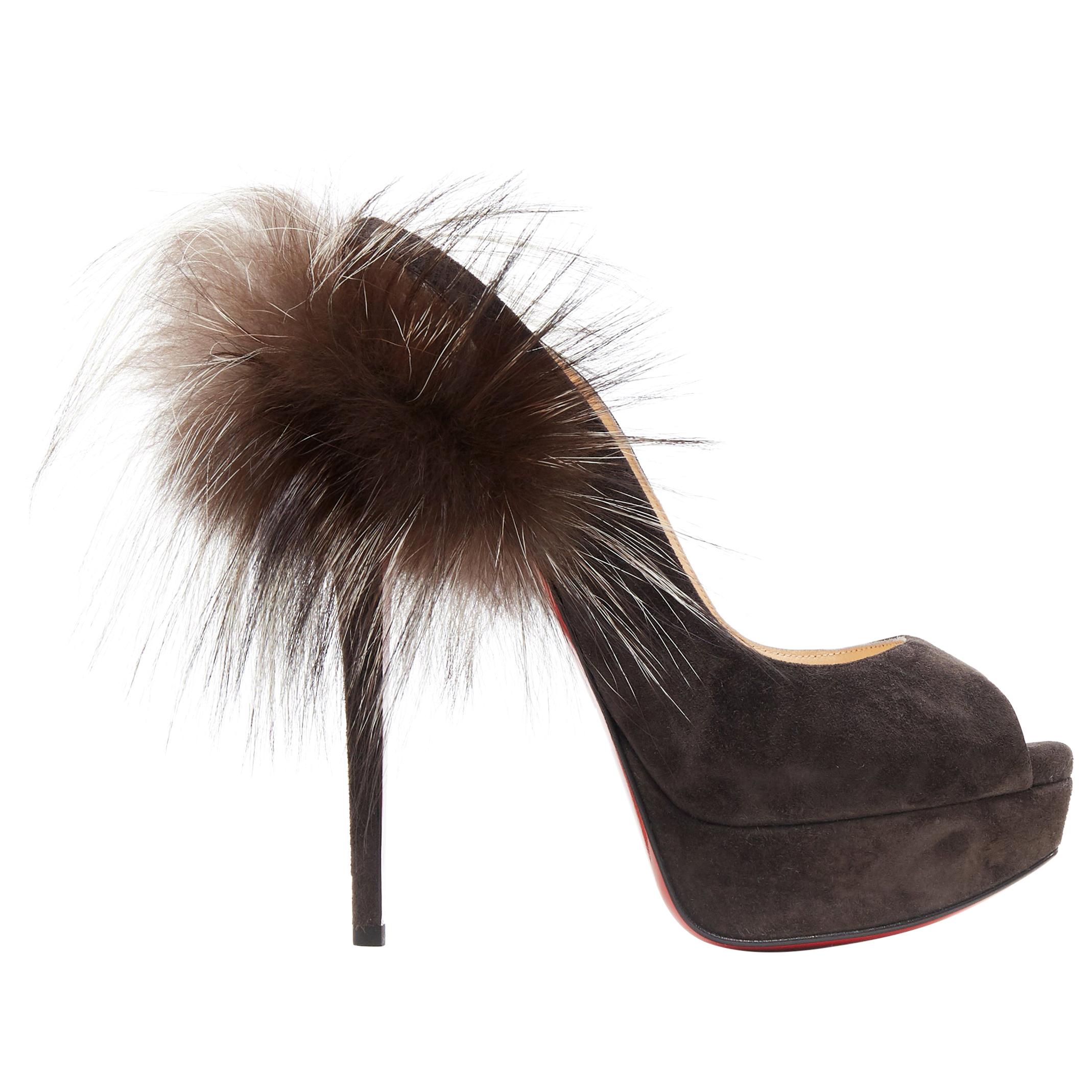 new CHRISTIAN LOUBOUTIN Lady Fur 150 grey suede fox trimmed platform pump EU38