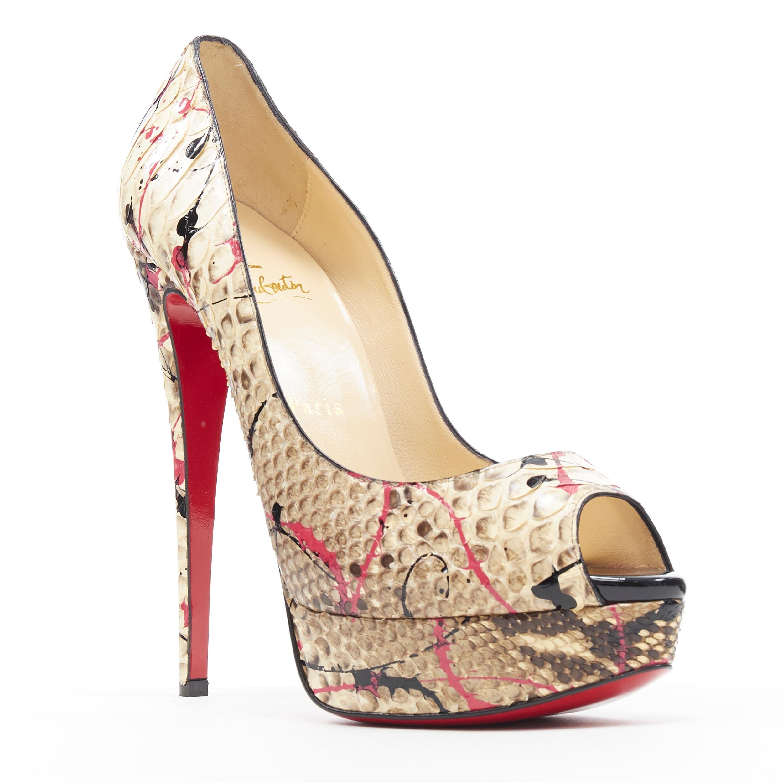 nuevo CHRISTIAN LOUBOUTIN Lady Peep rosa negro salpicadura de pintura peep plataforma EU39 Beige