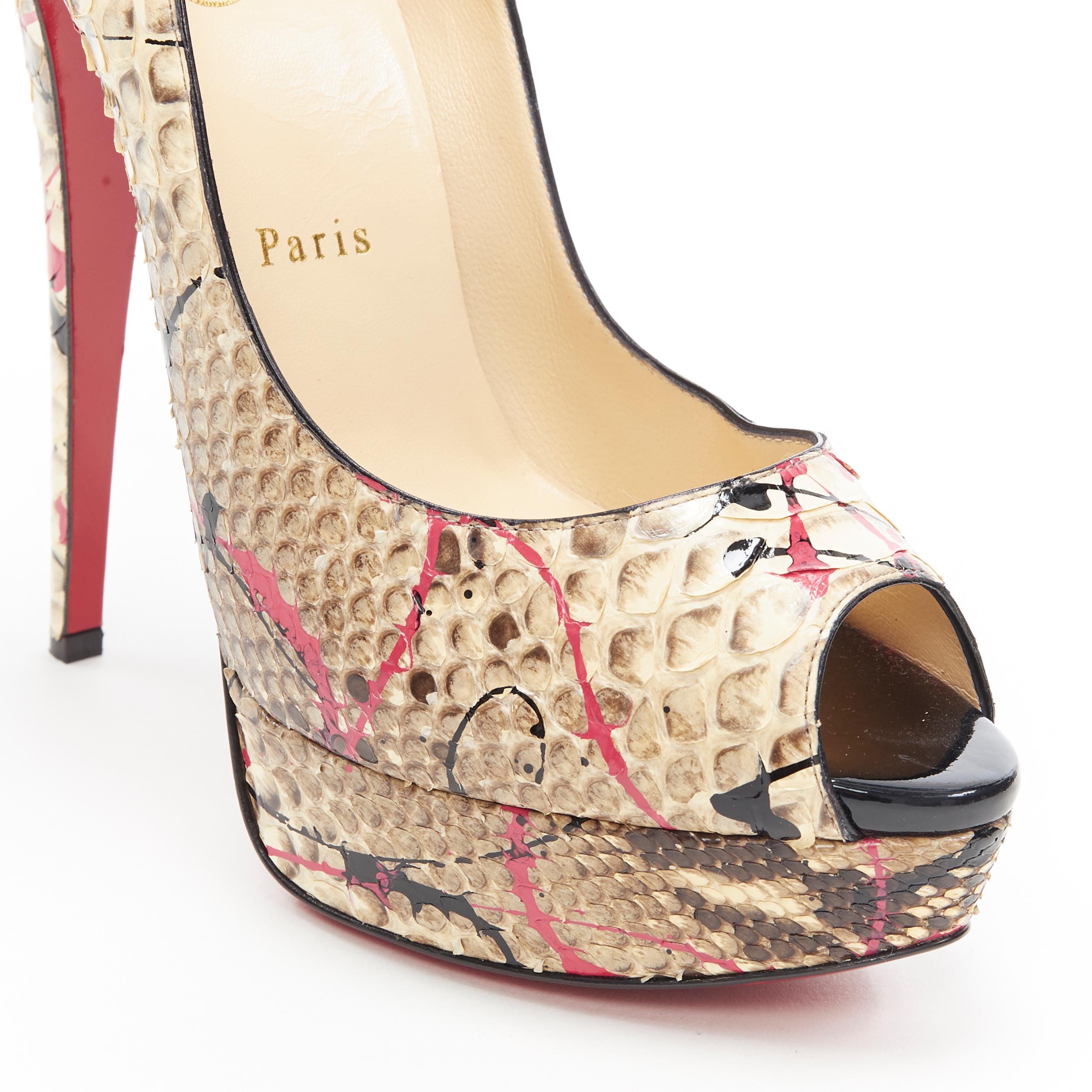 nuevo CHRISTIAN LOUBOUTIN Lady Peep rosa negro salpicadura de pintura peep plataforma EU39 3