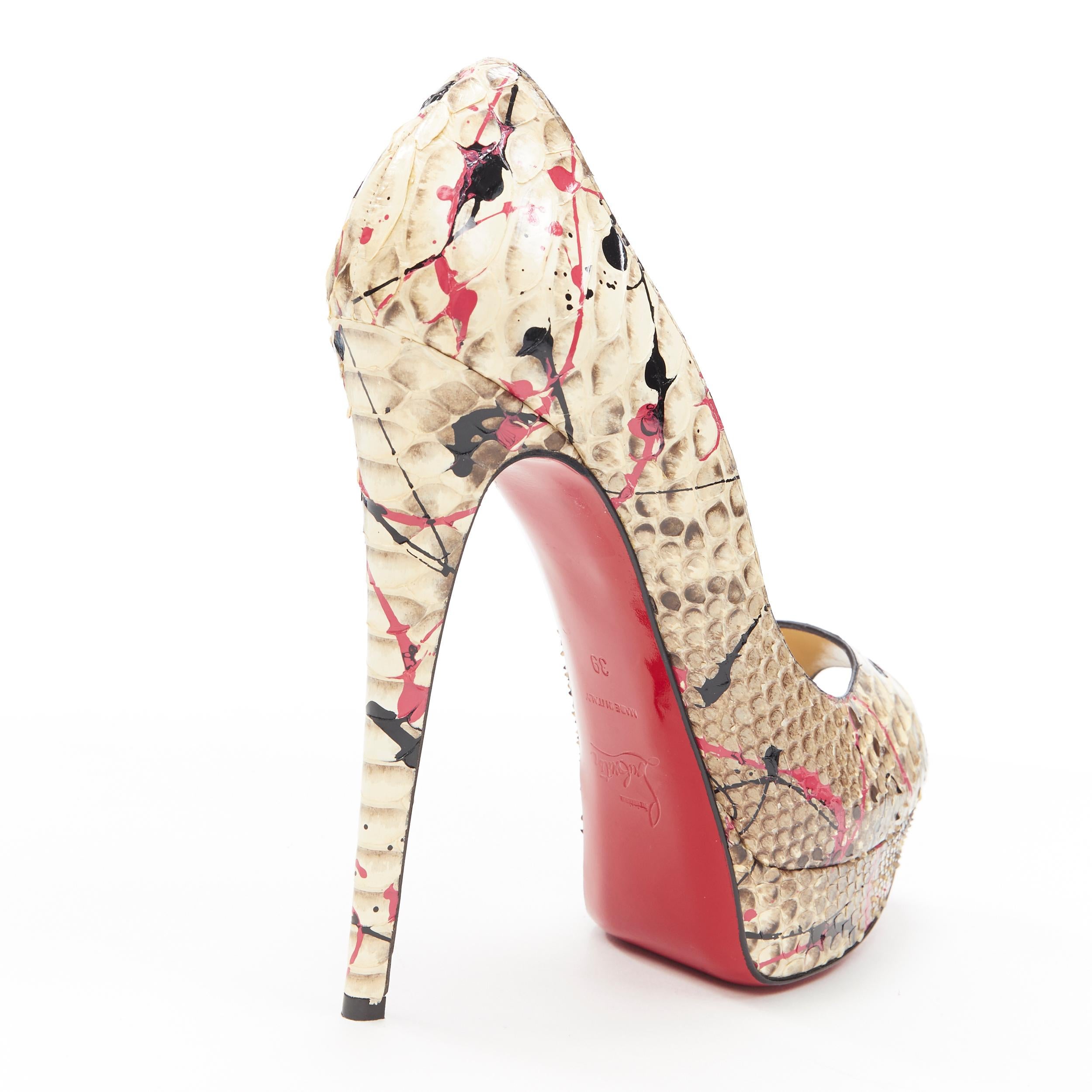 nuevo CHRISTIAN LOUBOUTIN Lady Peep rosa negro salpicadura de pintura peep plataforma EU39 4