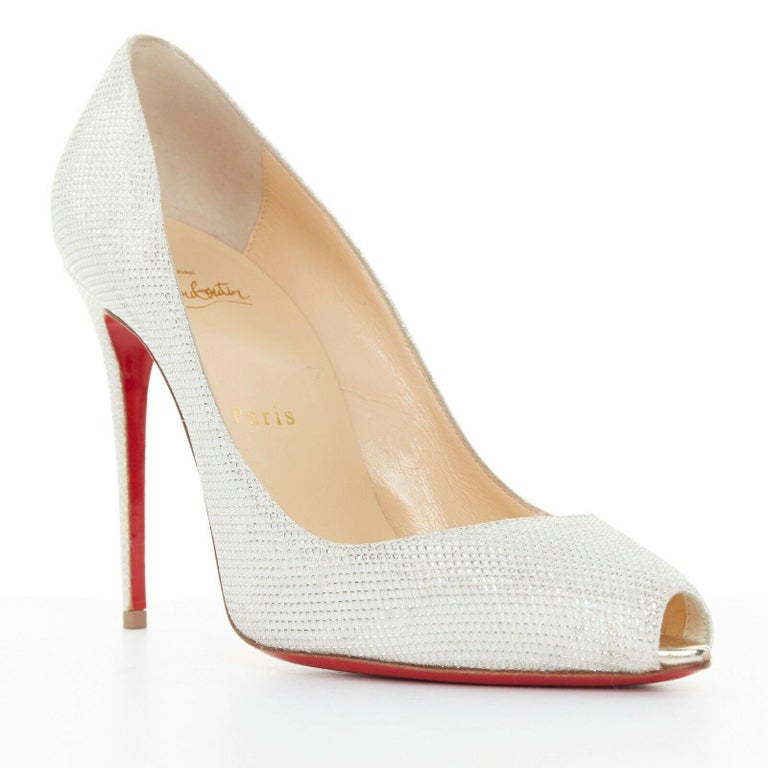 new CHRISTIAN LOUBOUTIN light silver metallic sheen peep toe pumps EU38 ...