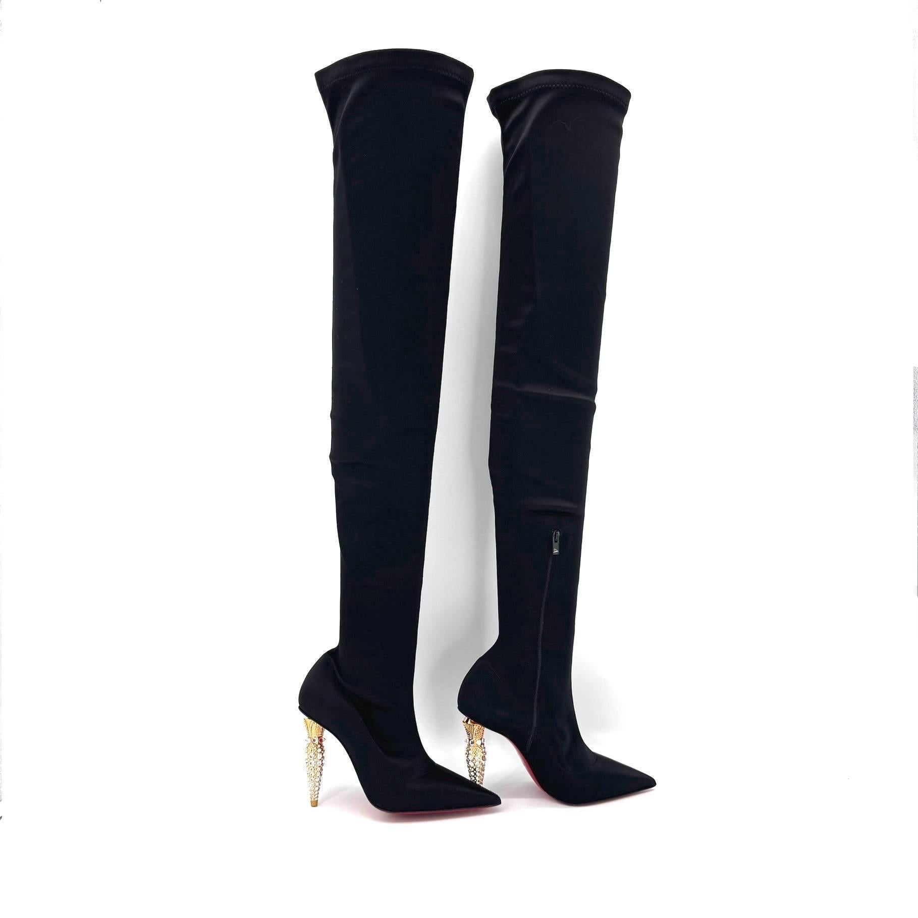 Christian Louboutin Lipstrass Botta Alta Crystal Embellished Thigh High Boots

Color Black
Size 36EU
Heel Height 100mm

Satin upper
Signature red leather sole
Pointed toe
Hidden side part zip
Over the knee high shaft height
High heel
Made in