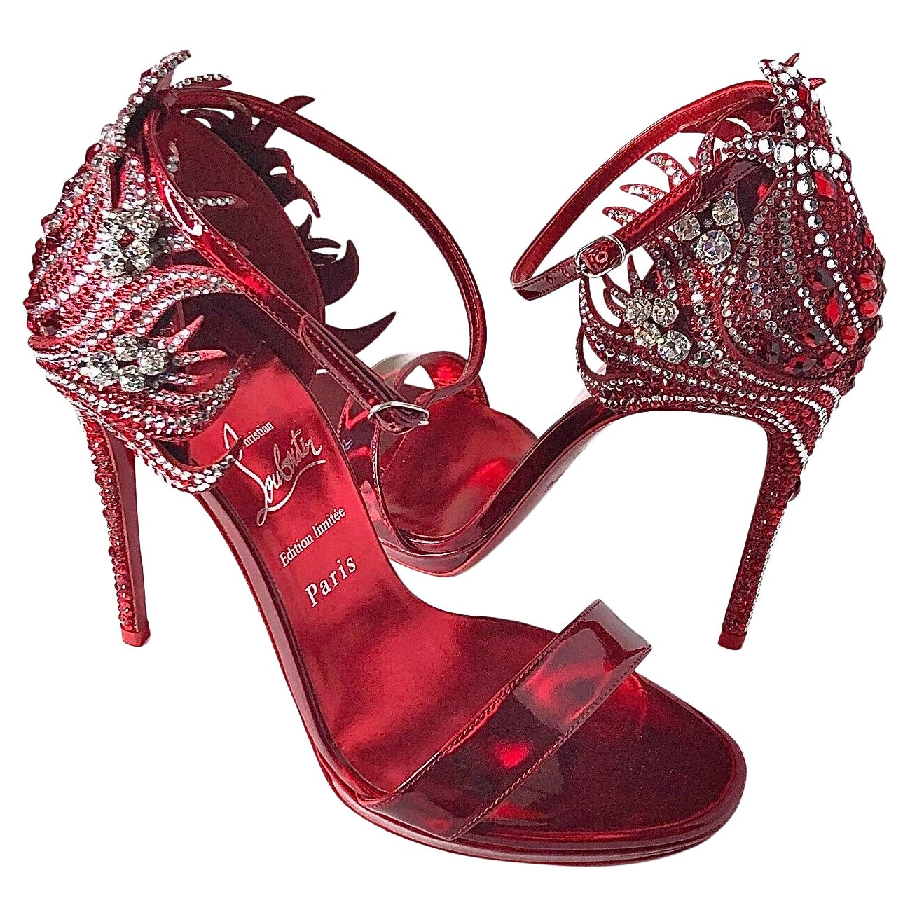 NEW Christian Louboutin Loubi Vega Red Crystal Embellished Strappy Sandals 38