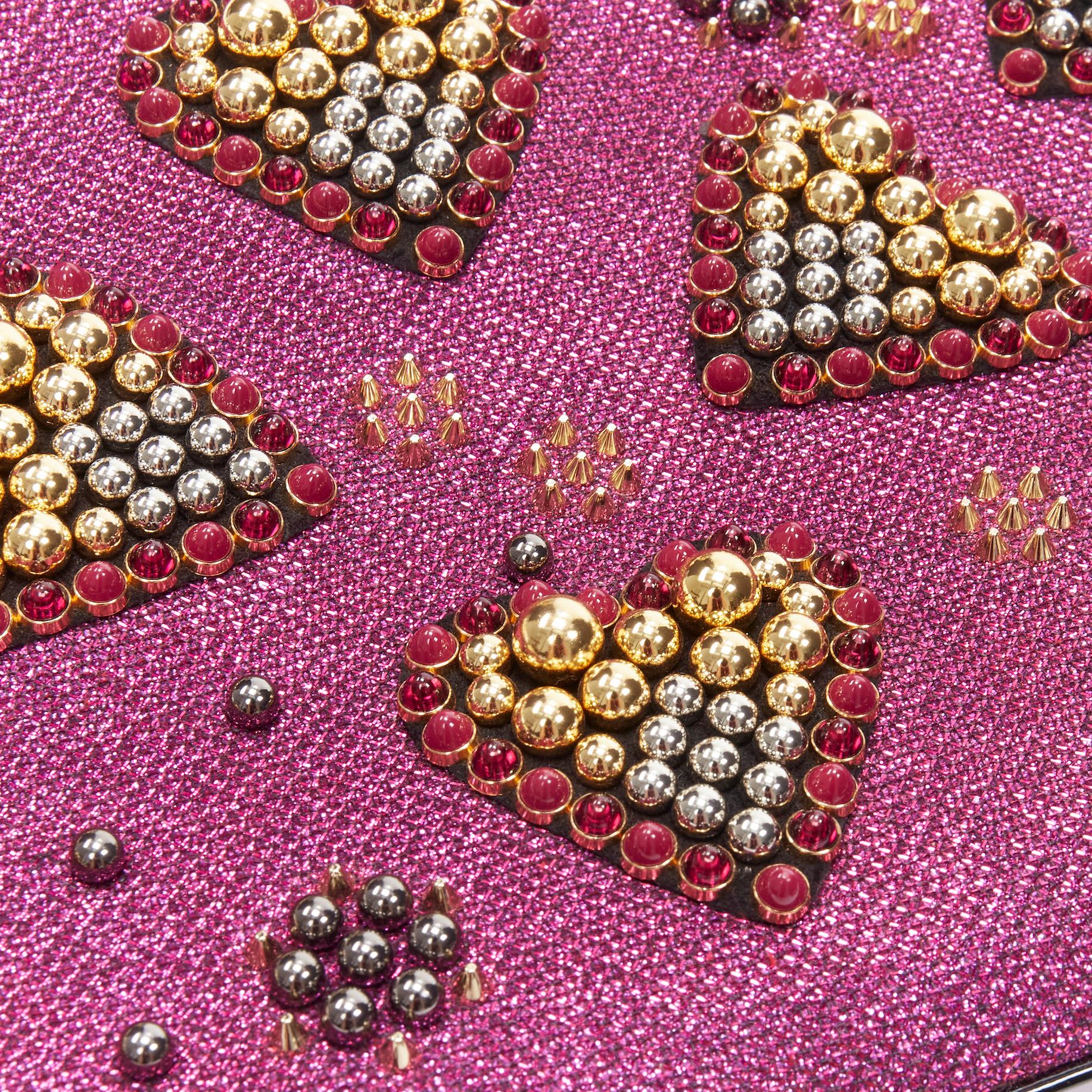 Brown new CHRISTIAN LOUBOUTIN Loubiposh purple glitter heart studded crossbody clutch