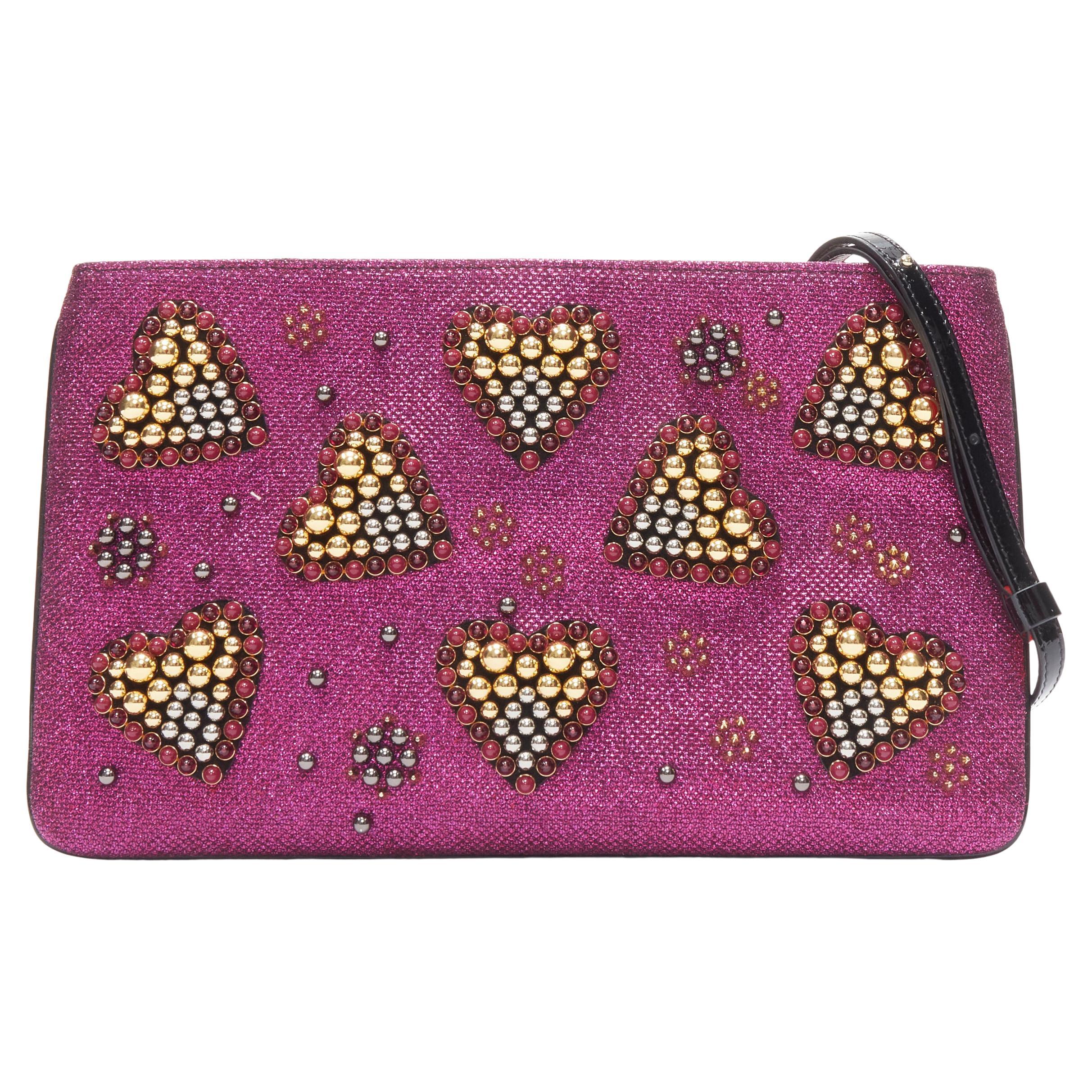 new CHRISTIAN LOUBOUTIN Loubiposh purple glitter heart studded crossbody clutch