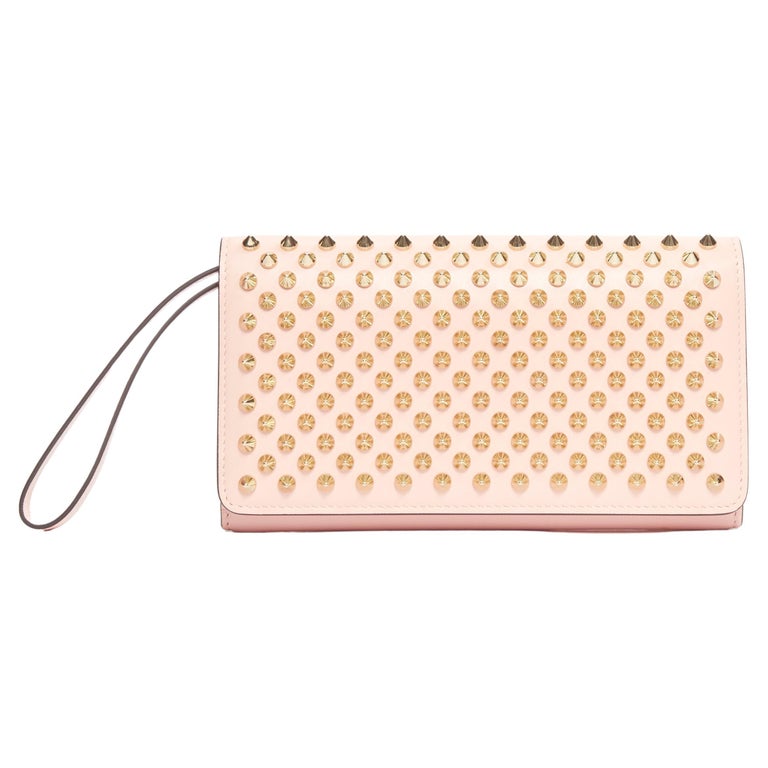 new CHRISTIAN LOUBOUTIN Macaron pink gold spike stud flap wallet clutch bag  For Sale at 1stDibs