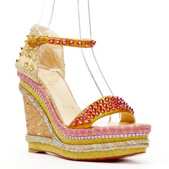new CHRISTIAN LOUBOUTIN Madmonica 120 gold pink studded cork wedge heel EU37