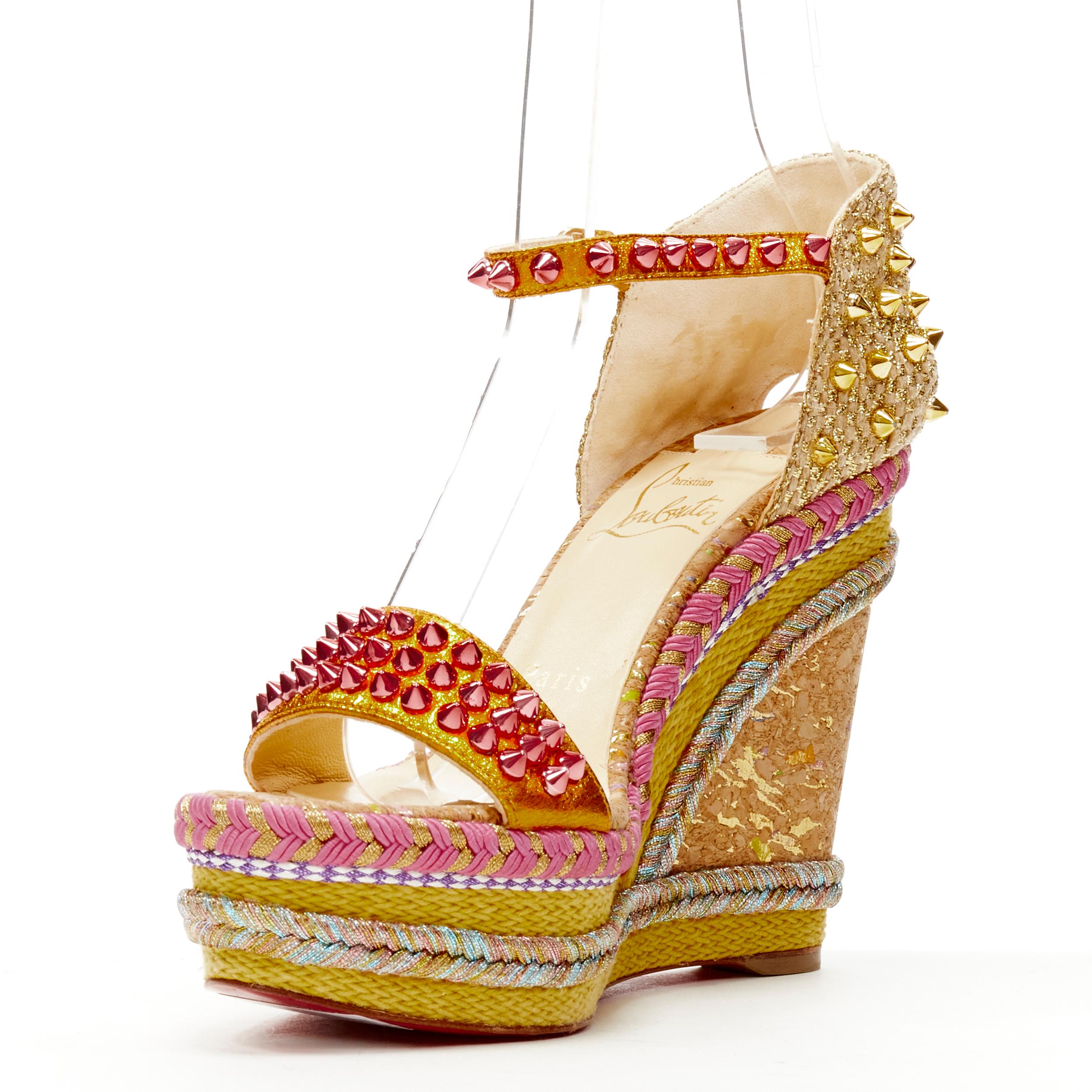 new CHRISTIAN LOUBOUTIN Madmonica 120 gold pink studded cork wedge heel EU37 In New Condition In Hong Kong, NT