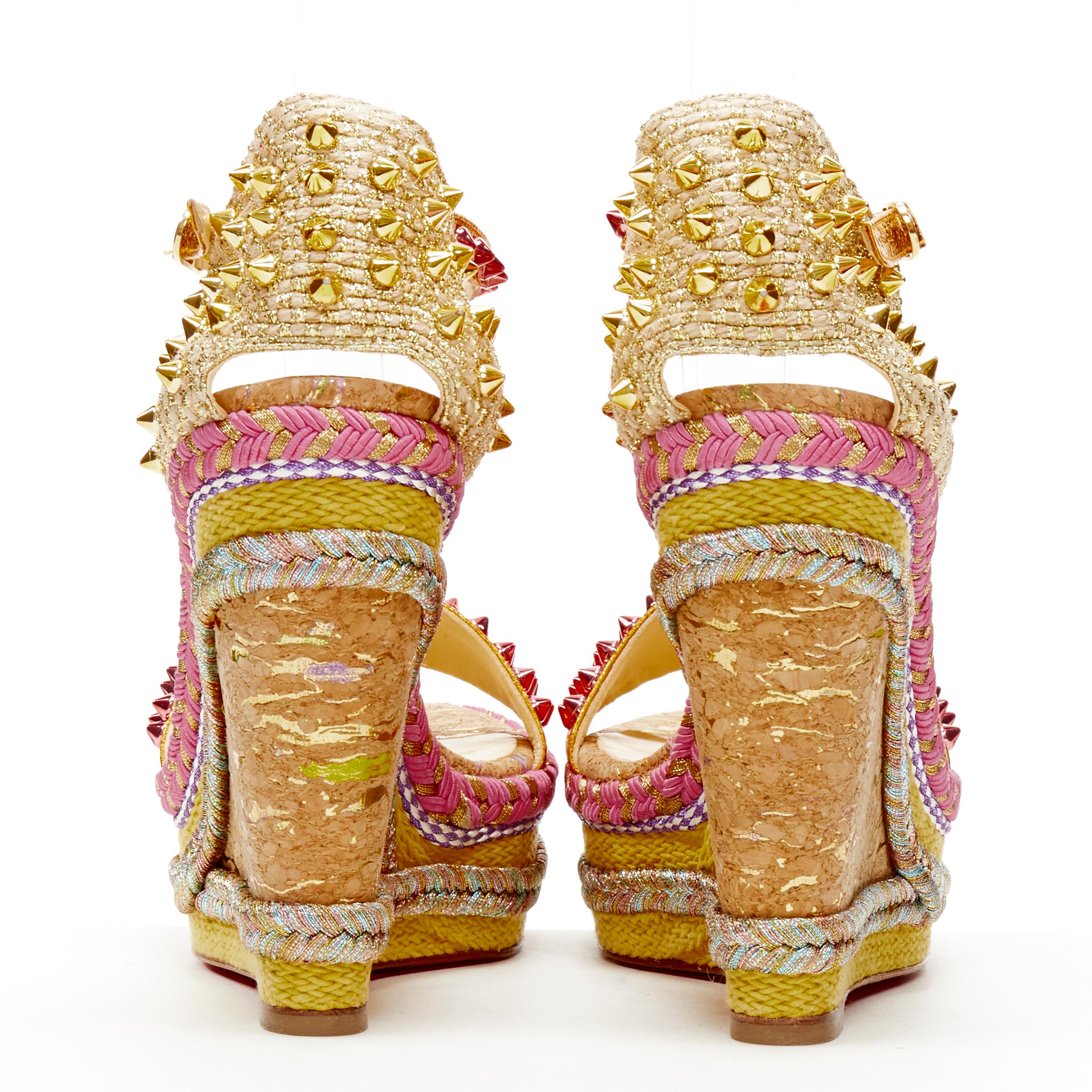 Women's new CHRISTIAN LOUBOUTIN Madmonica 120 gold pink studded cork wedge heel EU37