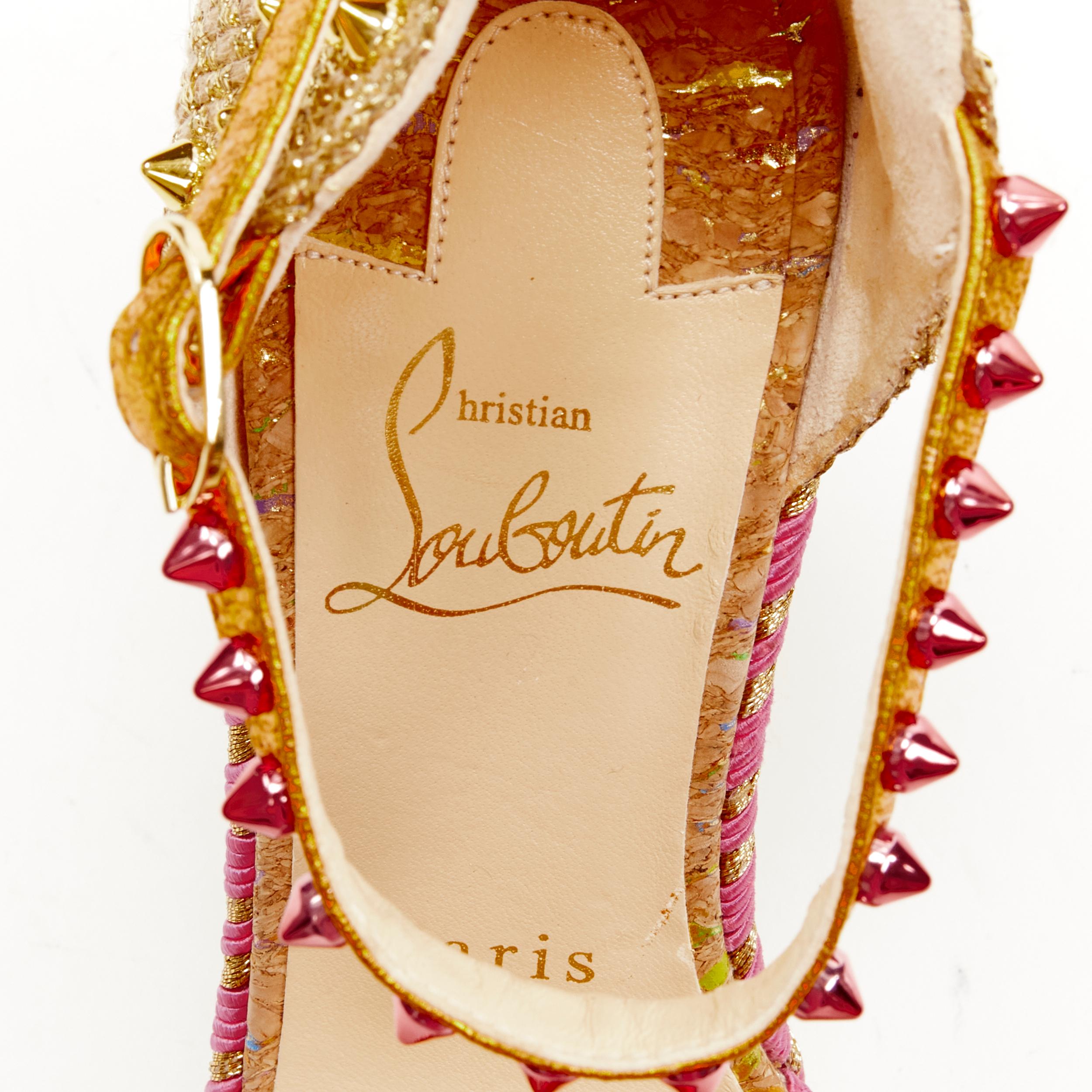 new CHRISTIAN LOUBOUTIN Madmonica 120 gold pink studded cork wedge heel EU37 4