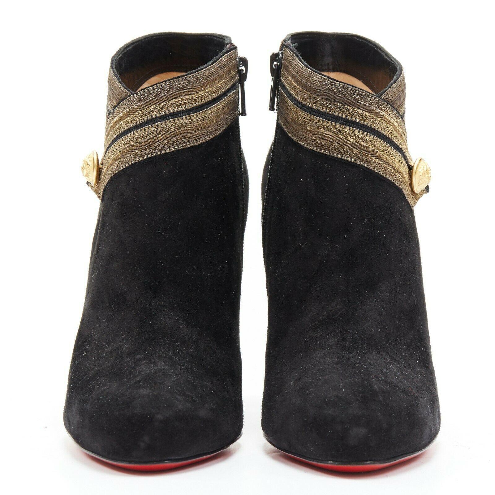 Black new CHRISTIAN LOUBOUTIN Marychal 100 black suede gold military trim bootie EU38