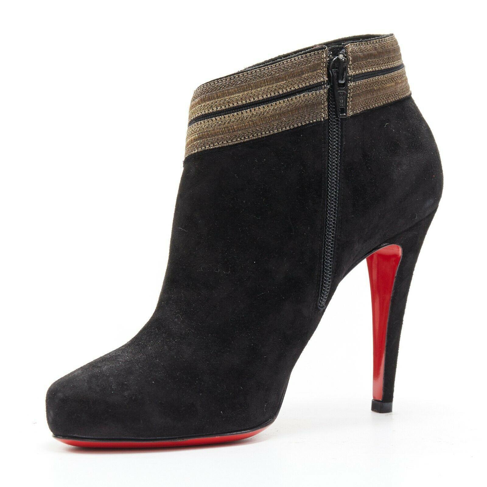 new CHRISTIAN LOUBOUTIN Marychal 100 black suede gold military trim bootie EU38 In Good Condition In Hong Kong, NT