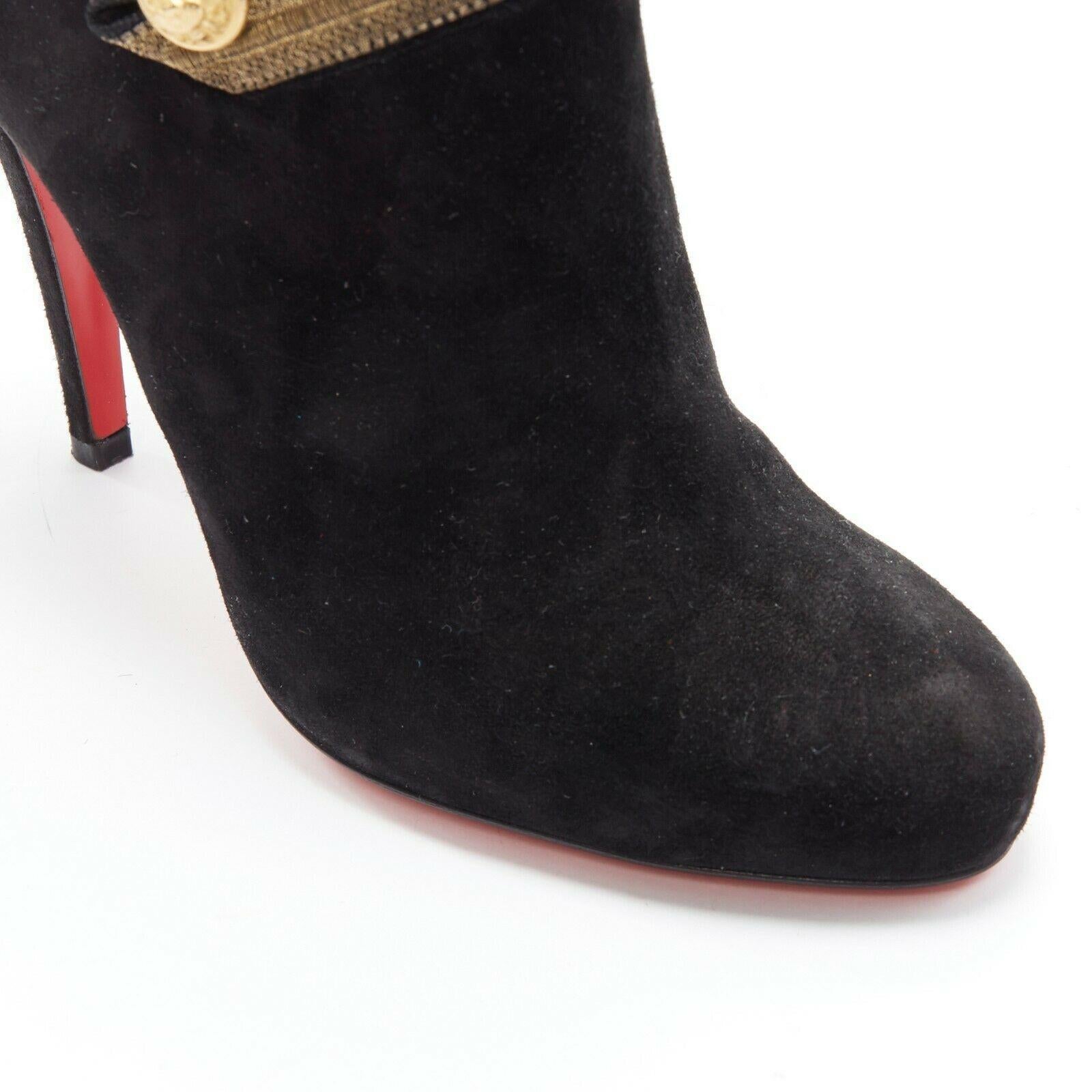 new CHRISTIAN LOUBOUTIN Marychal 100 black suede gold military trim bootie EU38 3