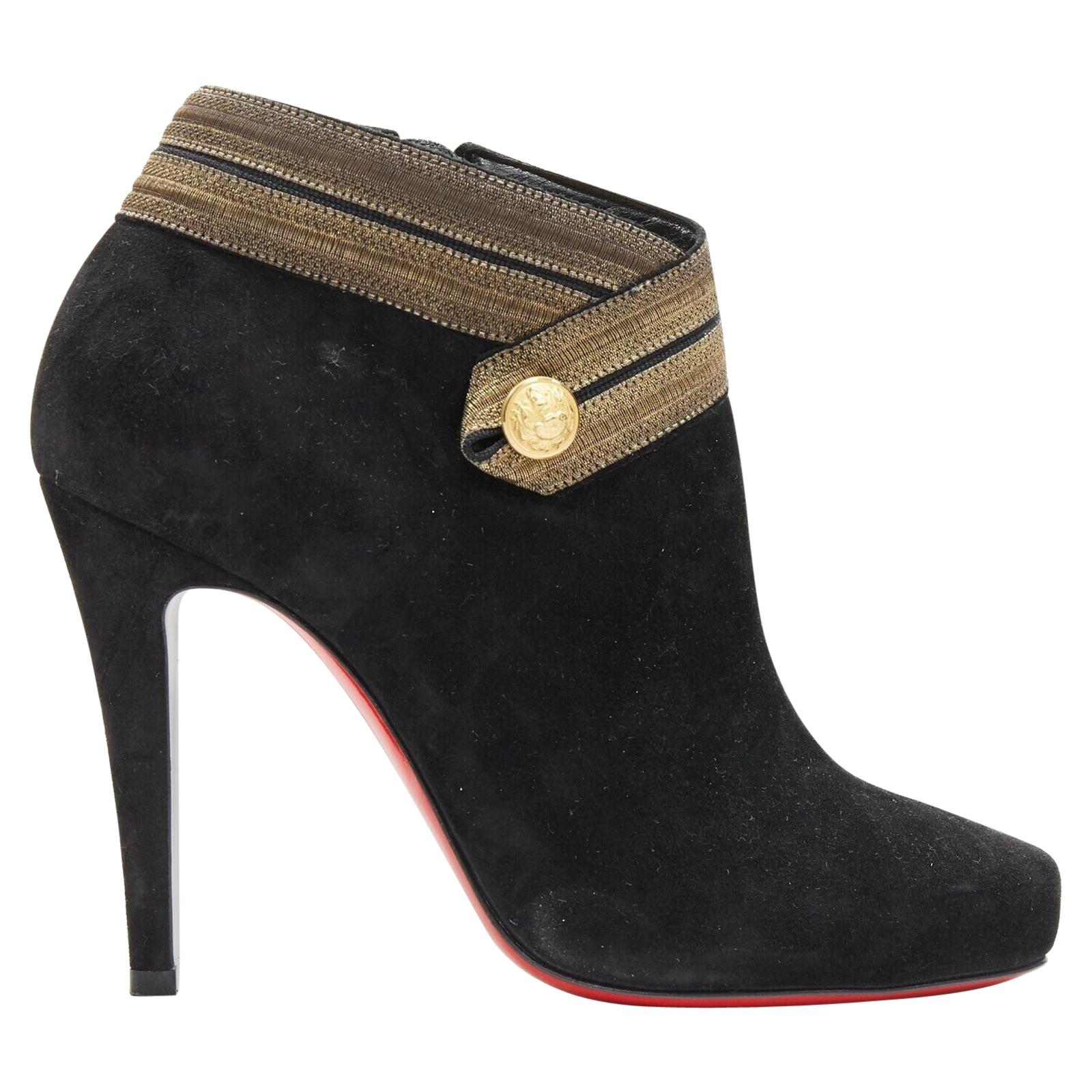 new CHRISTIAN LOUBOUTIN Marychal 100 black suede gold military trim bootie EU38