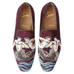 new CHRISTIAN LOUBOUTIN Merman embroider red suede slip on loafers flats EU39.5