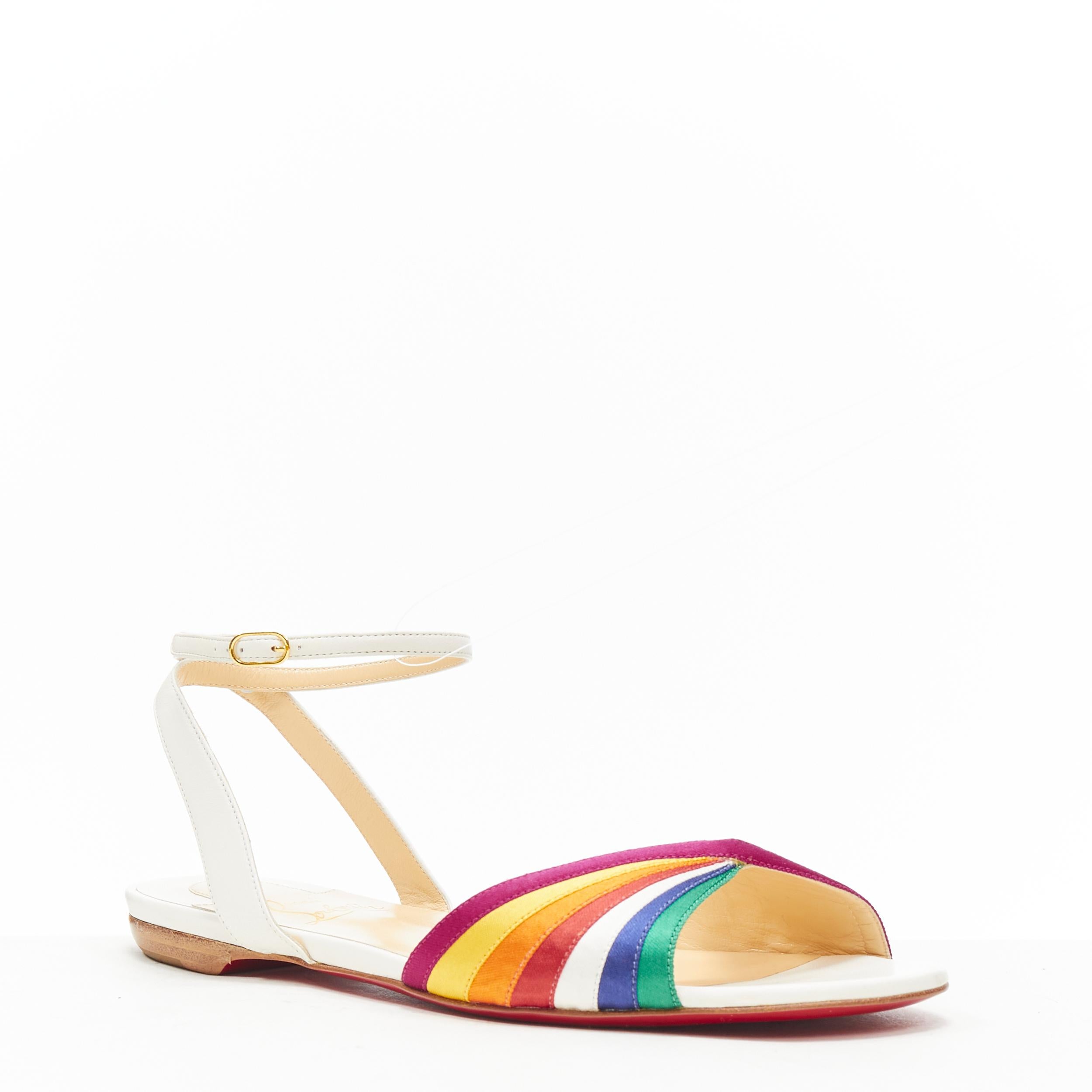 new CHRISTIAN LOUBOUTIN Naseeba rainbow twist satin ankle strap sandals EU38 
Reference: TGAS/B01019 
Brand: Christian Louboutin 
Designer: Christian Louboutin 
Model: Naseeba rainbow sandals 
Material: Silk 
Color: Multicolour 
Pattern: Solid