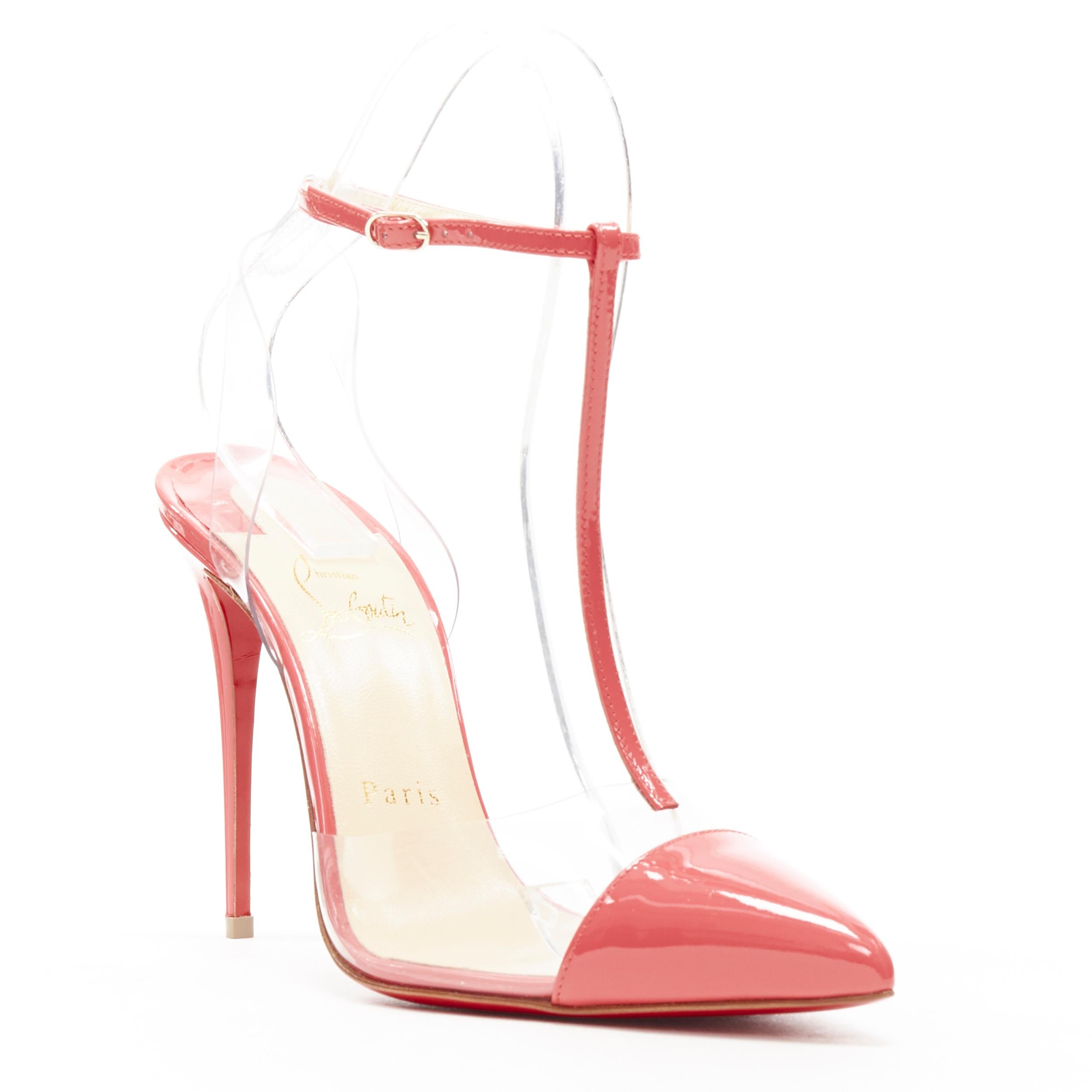 new CHRISTIAN LOUBOUTIN Nosy 100 begonia pink patent PVC T-strap pointy pumps 38
Brand: Christian Louboutin
Designer: Christian Louboutin
Model Name / Style: Nosy 100
Material: PVC
Color: Pink
Pattern: Solid
Closure: Ankle strap
Extra Detail: Style