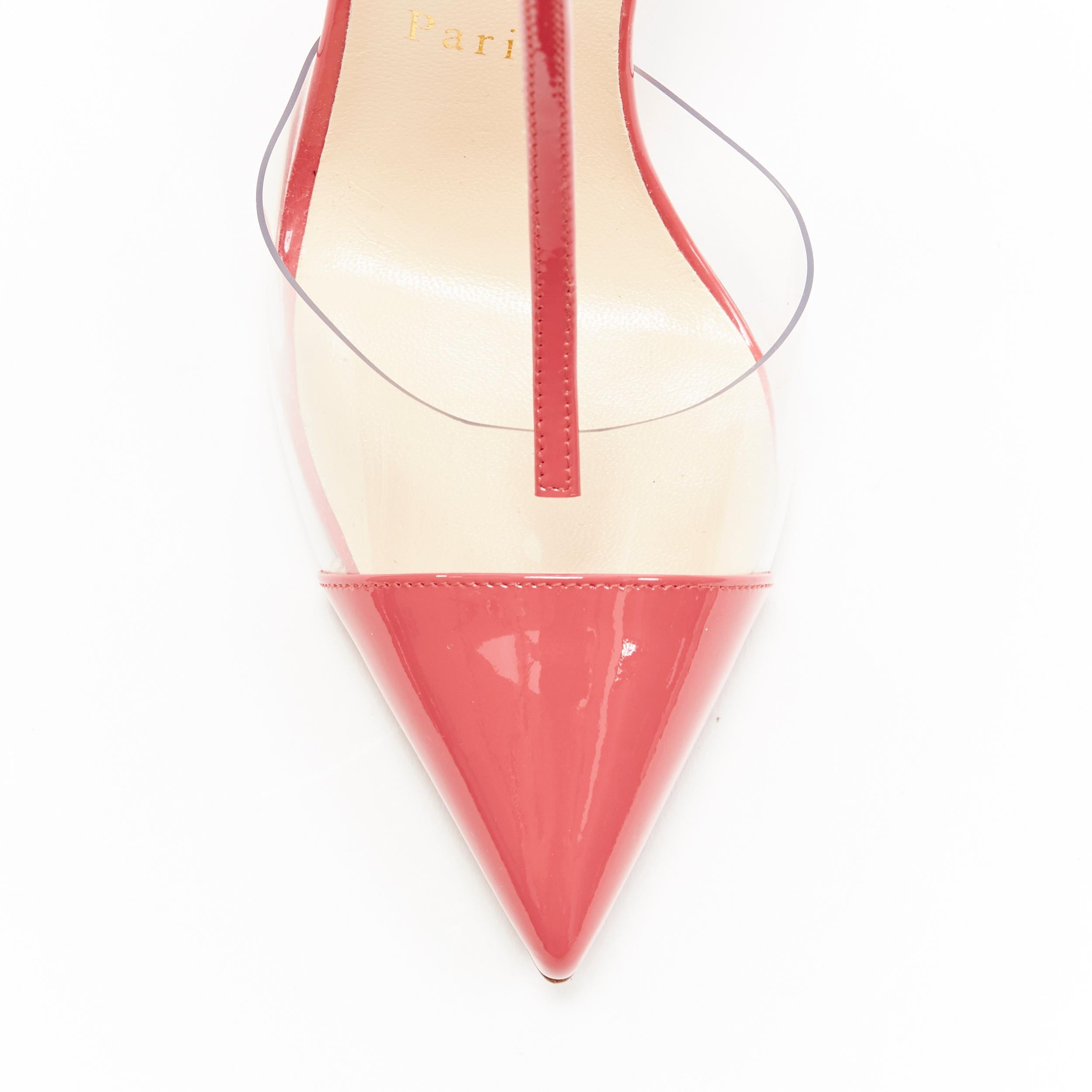 new CHRISTIAN LOUBOUTIN Nosy 100 begonia pink patent PVC T-strap pointy pumps 38 In New Condition In Hong Kong, NT