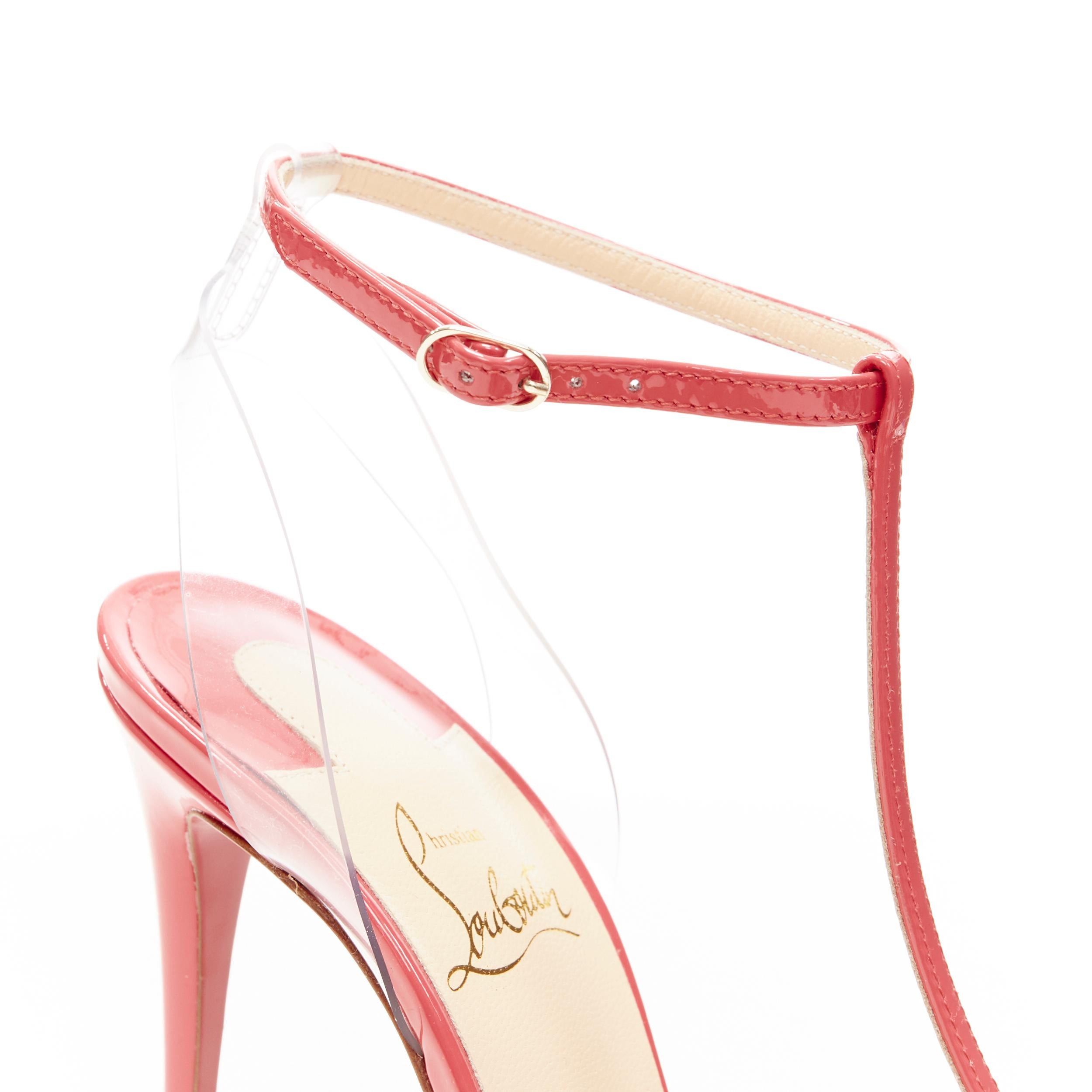 new CHRISTIAN LOUBOUTIN Nosy 100 begonia pink patent PVC T-strap pointy pumps 38 1