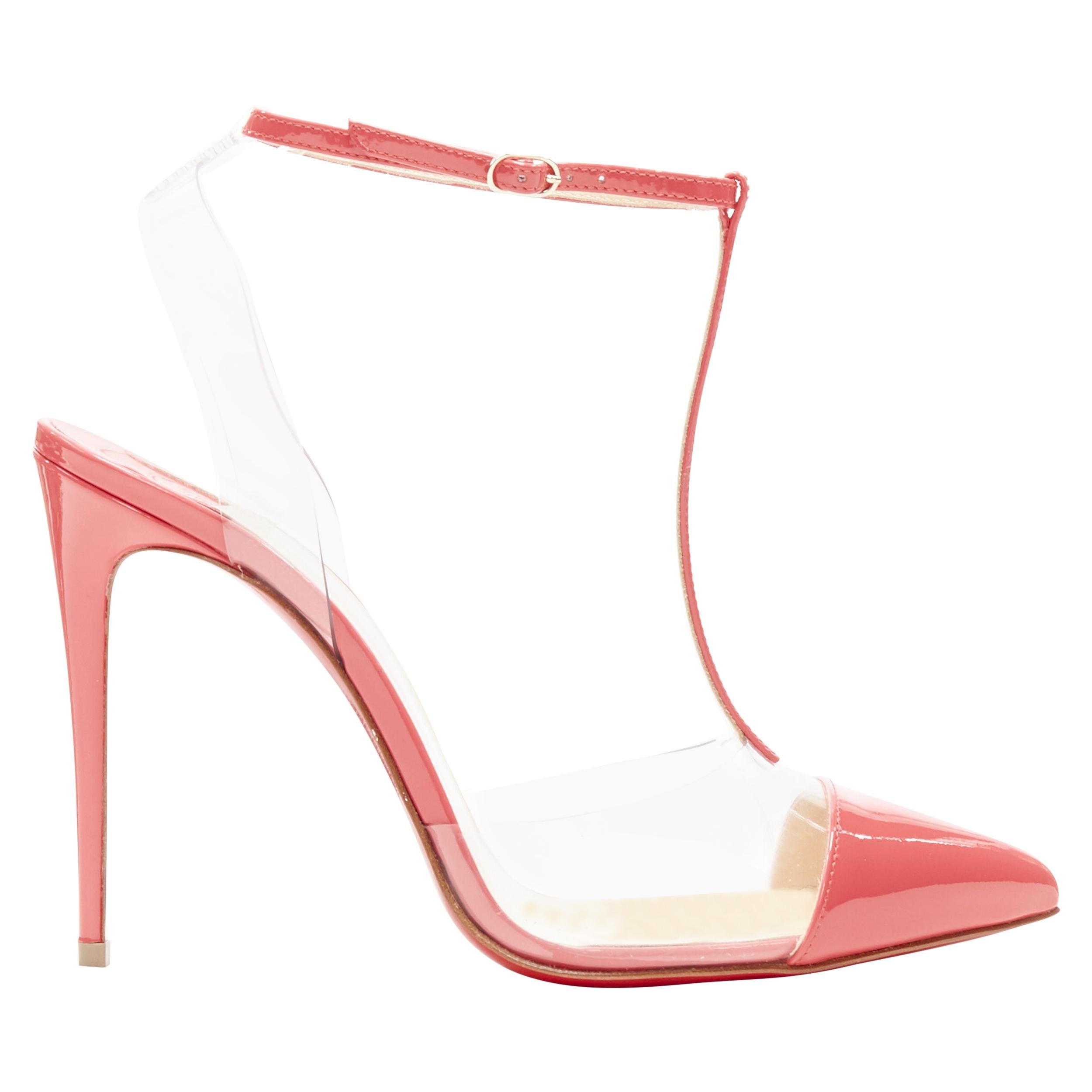 new CHRISTIAN LOUBOUTIN Nosy 100 begonia pink patent PVC T-strap pointy pumps 38