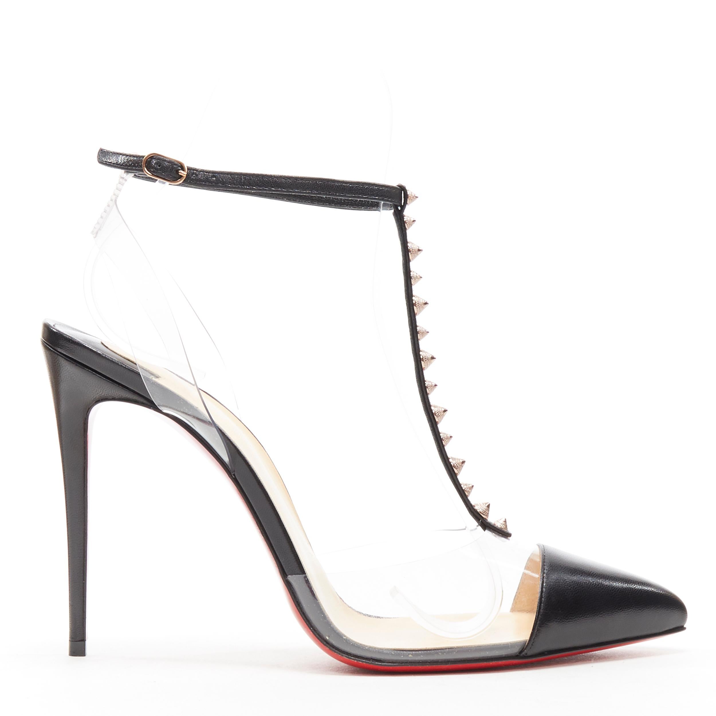 new CHRISTIAN LOUBOUTIN Nosy Spikes 100 black spike PVC T-strap pumps 39.5
Brand: Christian Louboutin
Designer: Christian Louboutin
Model Name / Style: Nosy Spikes 100
Material: PVC
Color: Black
Pattern: Solid
Closure: Ankle strap
Extra Detail: