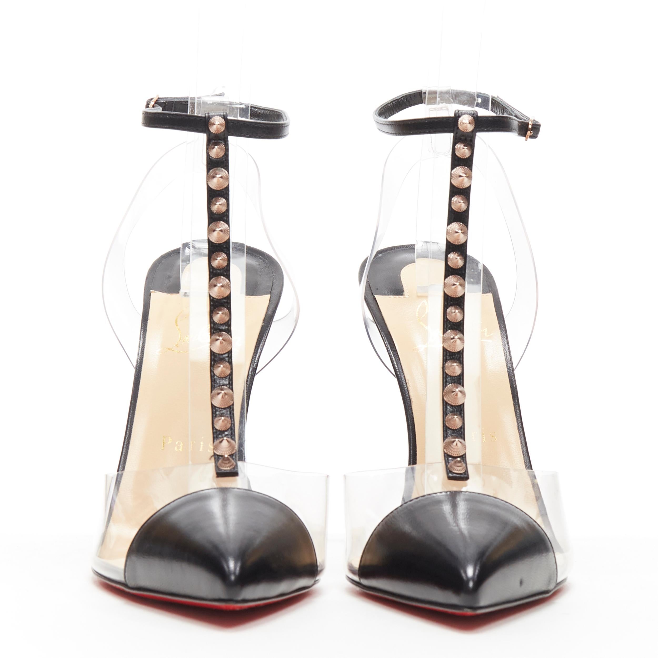 neu CHRISTIAN LOUBOUTIN Nosy Spikes 100 schwarz spike PVC T-strap Pumps 39.5 (Beige)