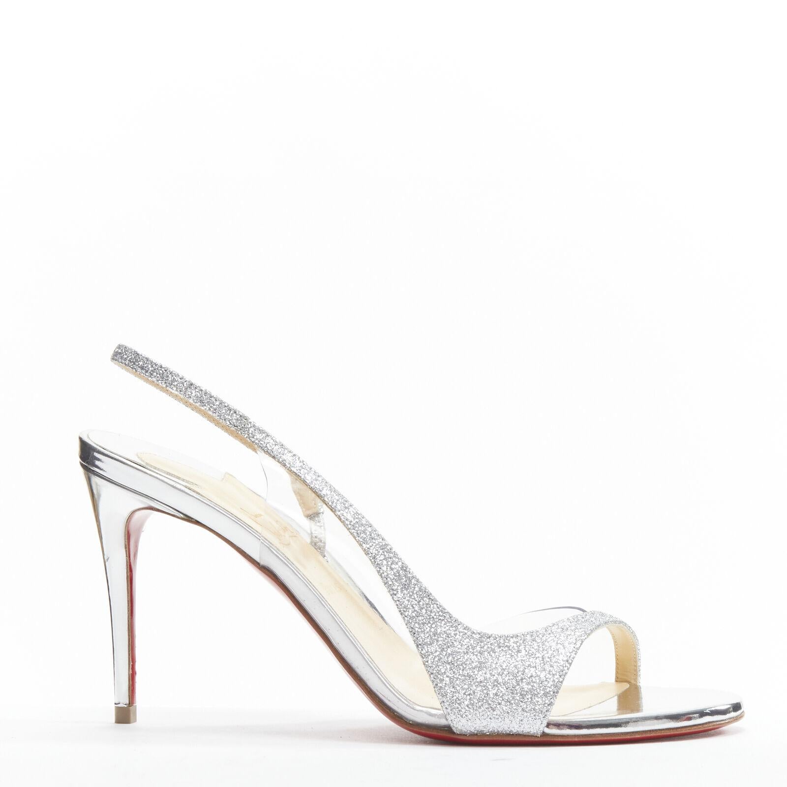 new CHRISTIAN LOUBOUTIN Optisling 85 sillver glitter PVC slingback sandal EU39
Reference: TGAS/C01483
Brand: Christian Louboutin
Model: Optisling 80
Material: Calfskin Leather
Color: Silver
Pattern: Solid
Closure: Slingback
Lining: Leather
Extra