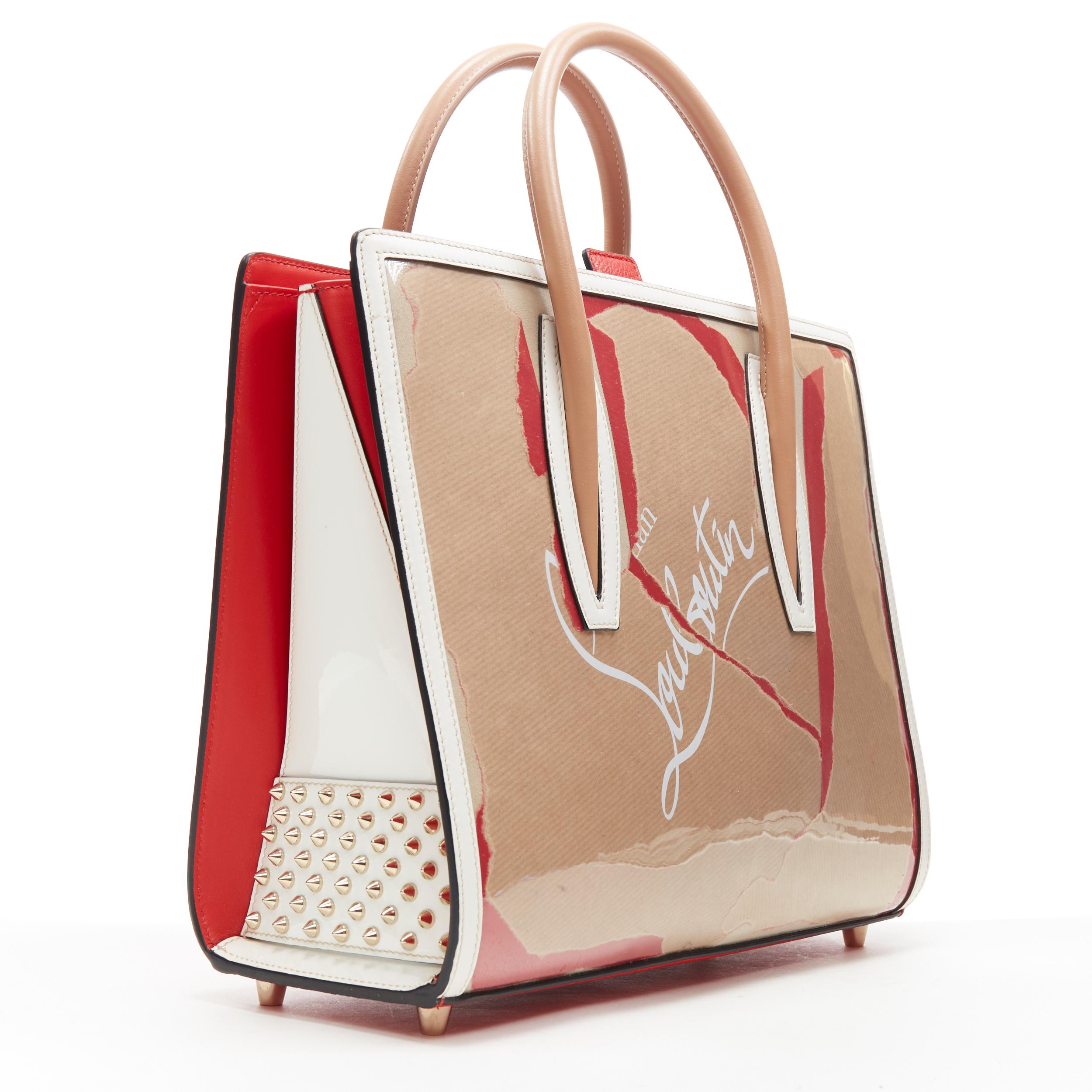 Beige nuova CHRISTIAN LOUBOUTIN Paloma Borsa in carta laminata PVC Kraft borsa media a cartella